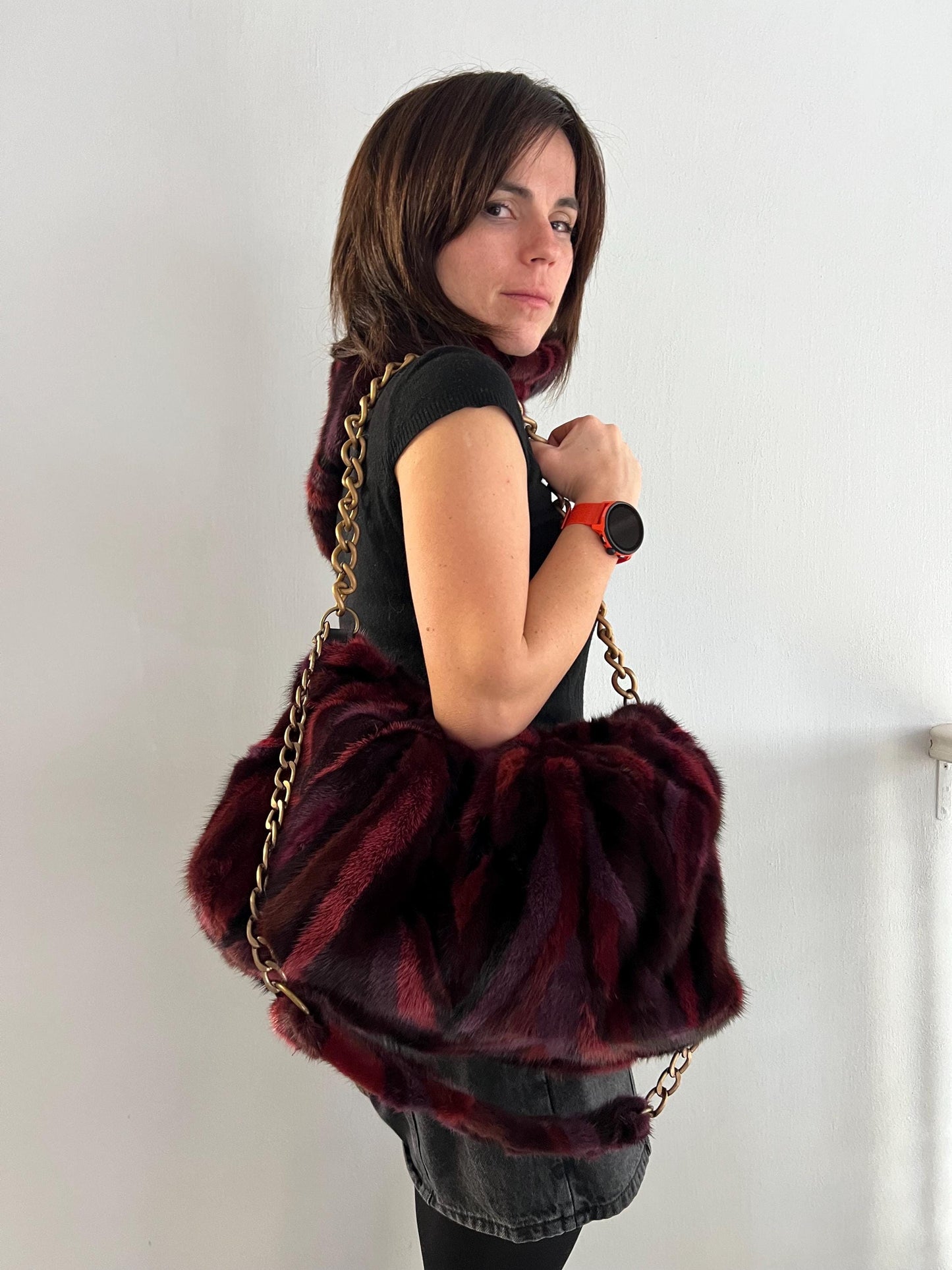 Handmade Mink Fur Slouchy Shoulder Bagin Burgundy : Luxury Cross-body Purse in army shades.