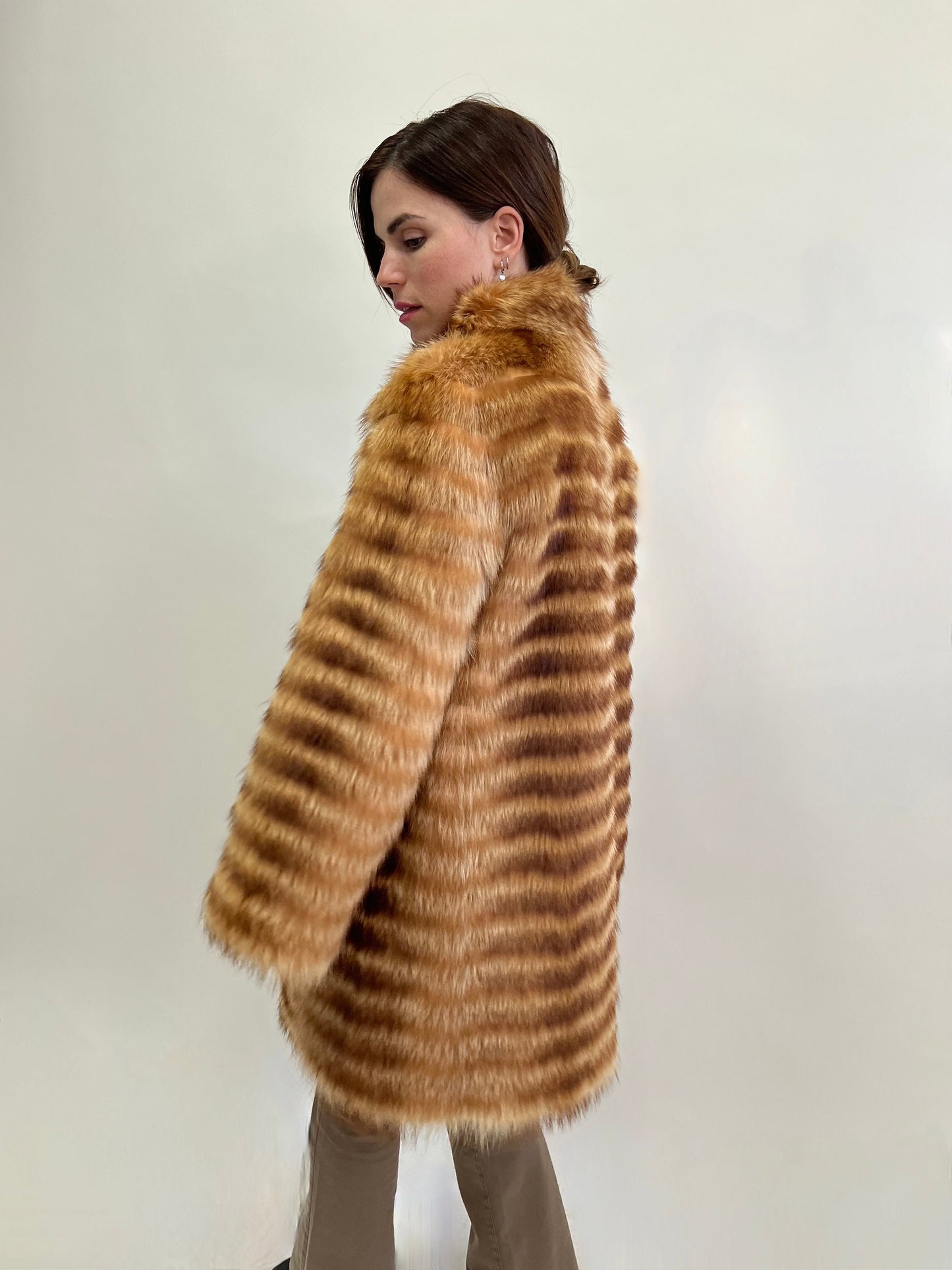 Real Raccoon Fur Coat: Camel Brown Leather Trim