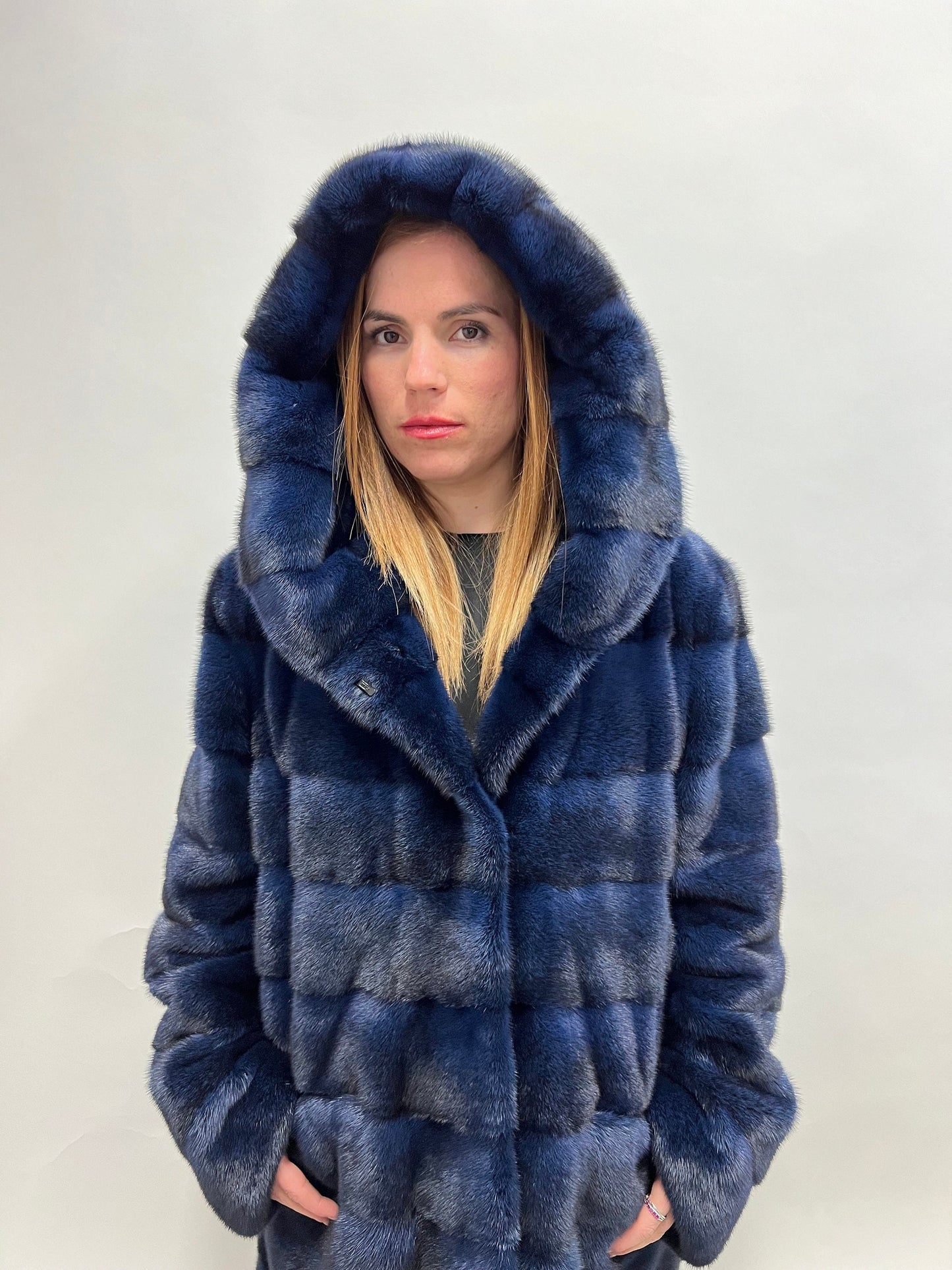 Handmade Navy Blue Mink Fur Hooded Coat, 2XL