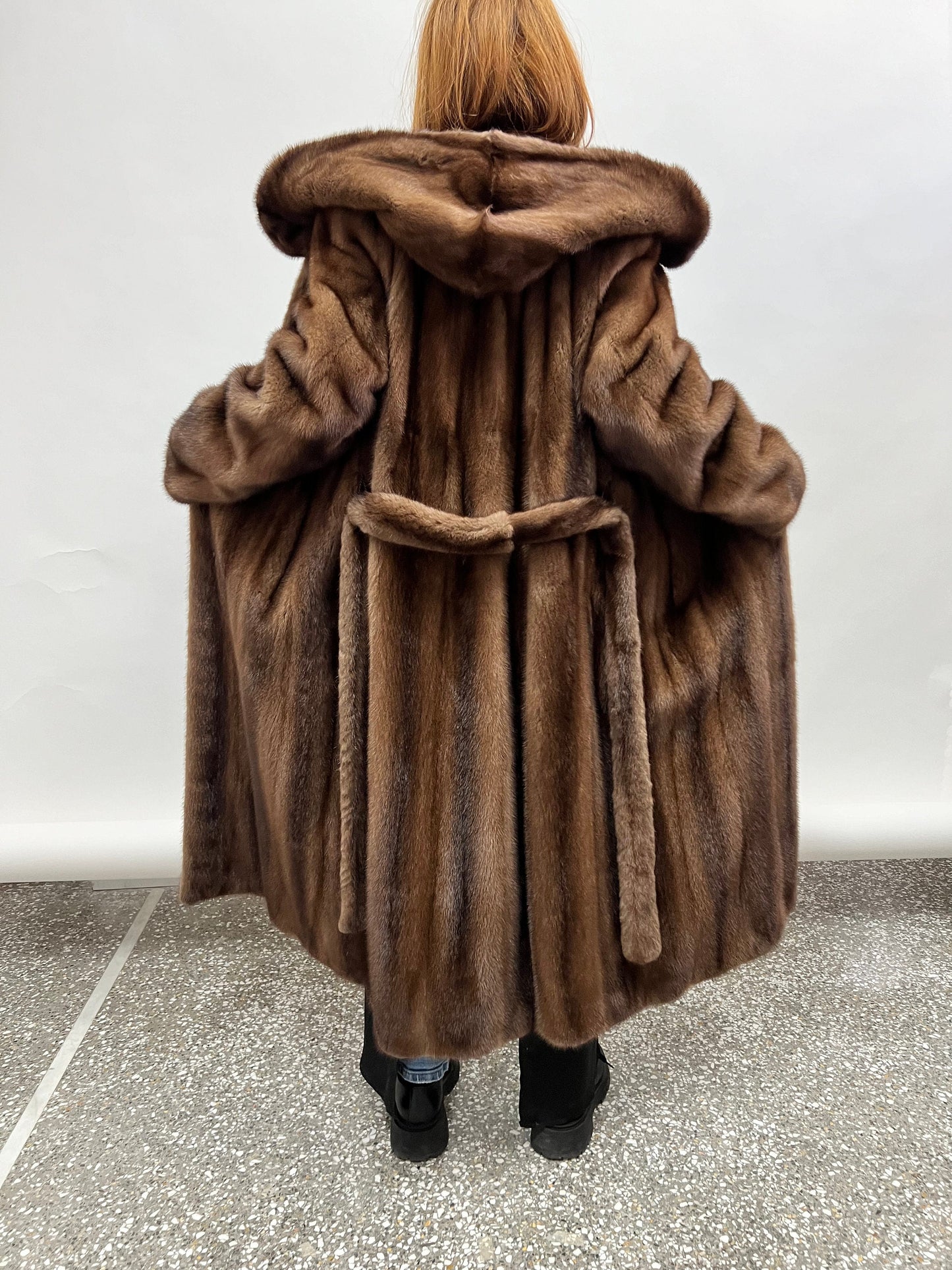 Handmade Brown Mink Fur Hooded Coat - Demi Buff Pelts, Made in Greece