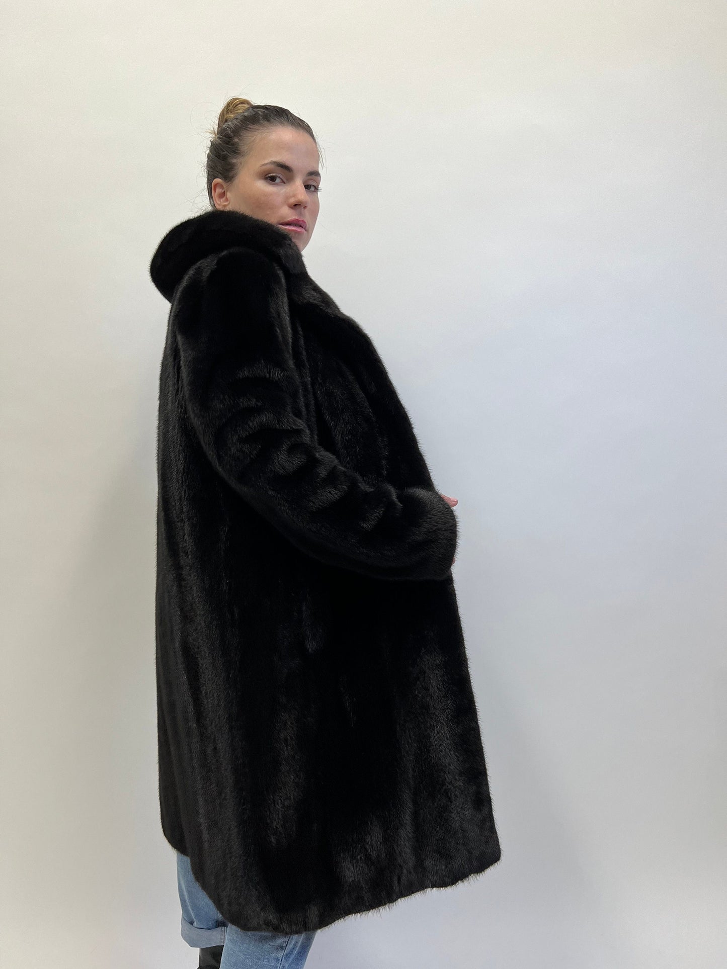 Black Velvet Mink Fur Coat: Luxury Stand Up Collar, XS/S