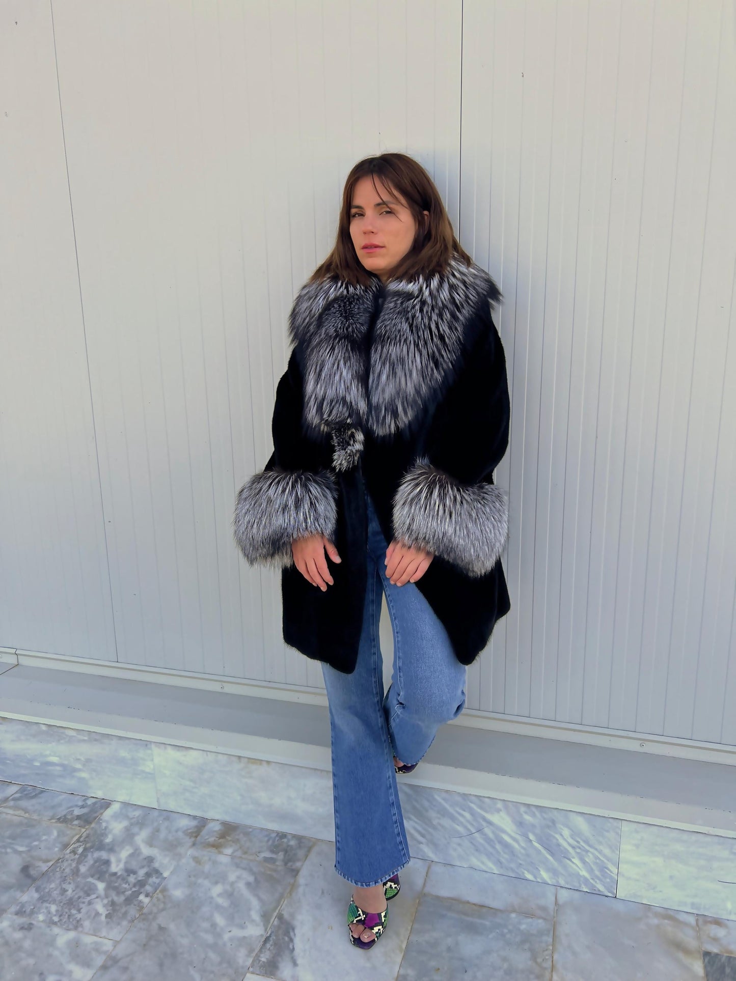 Blackglama Mink Fur Stroller Coat: Silver Fox Collar & Cuffs, Handmade Luxury Jacket (Large)