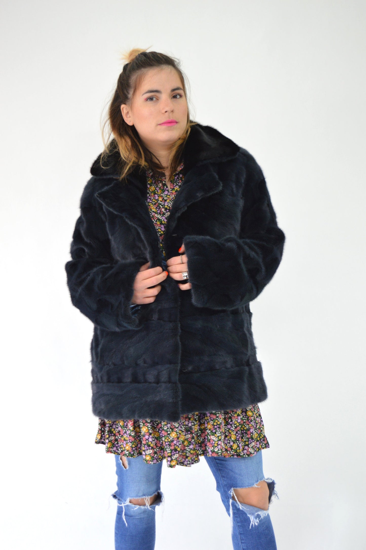 Navy Blue Mink Fur Stroller Coat: Black Collar, Luxury Gift
