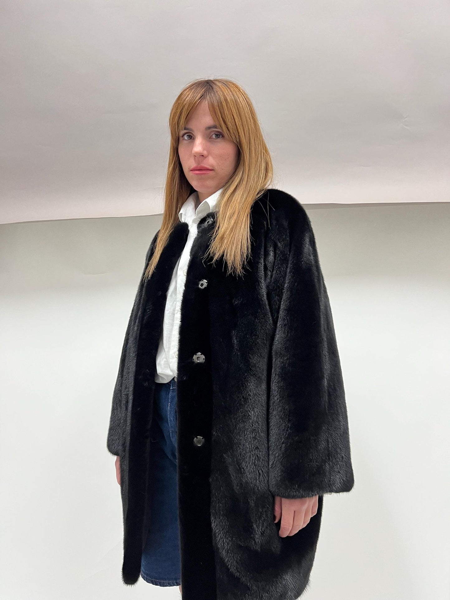 Black Velvet Mink Fur Robe Coat - Saga Pelts, Collarless