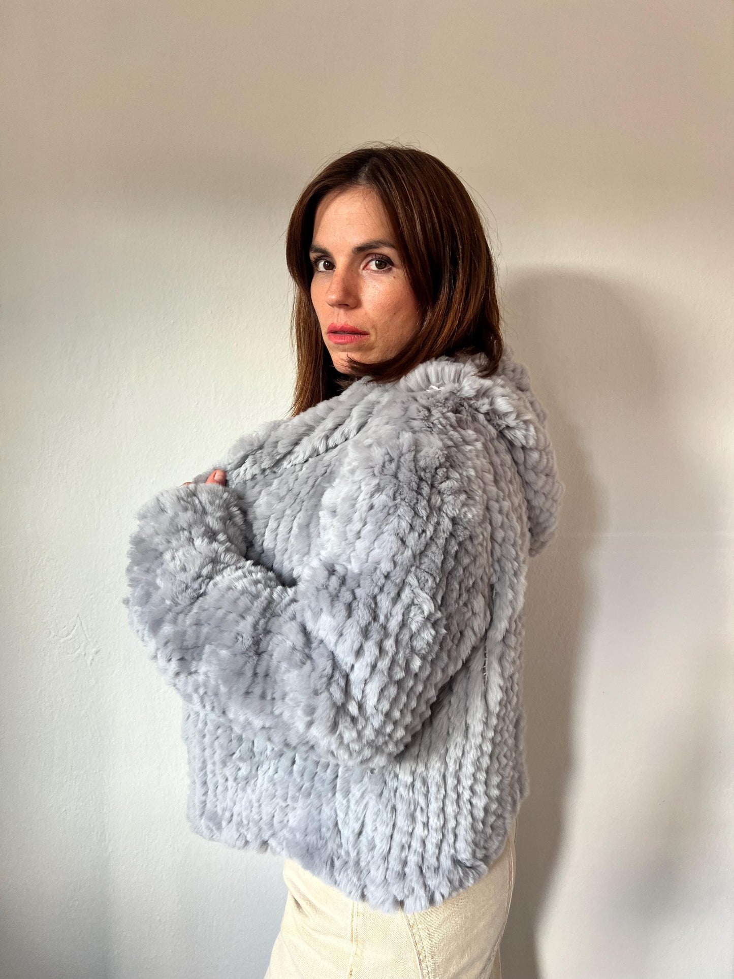 Light Grey Rabbit Fur Hooded Jacket: Handwoven, Frog Closure