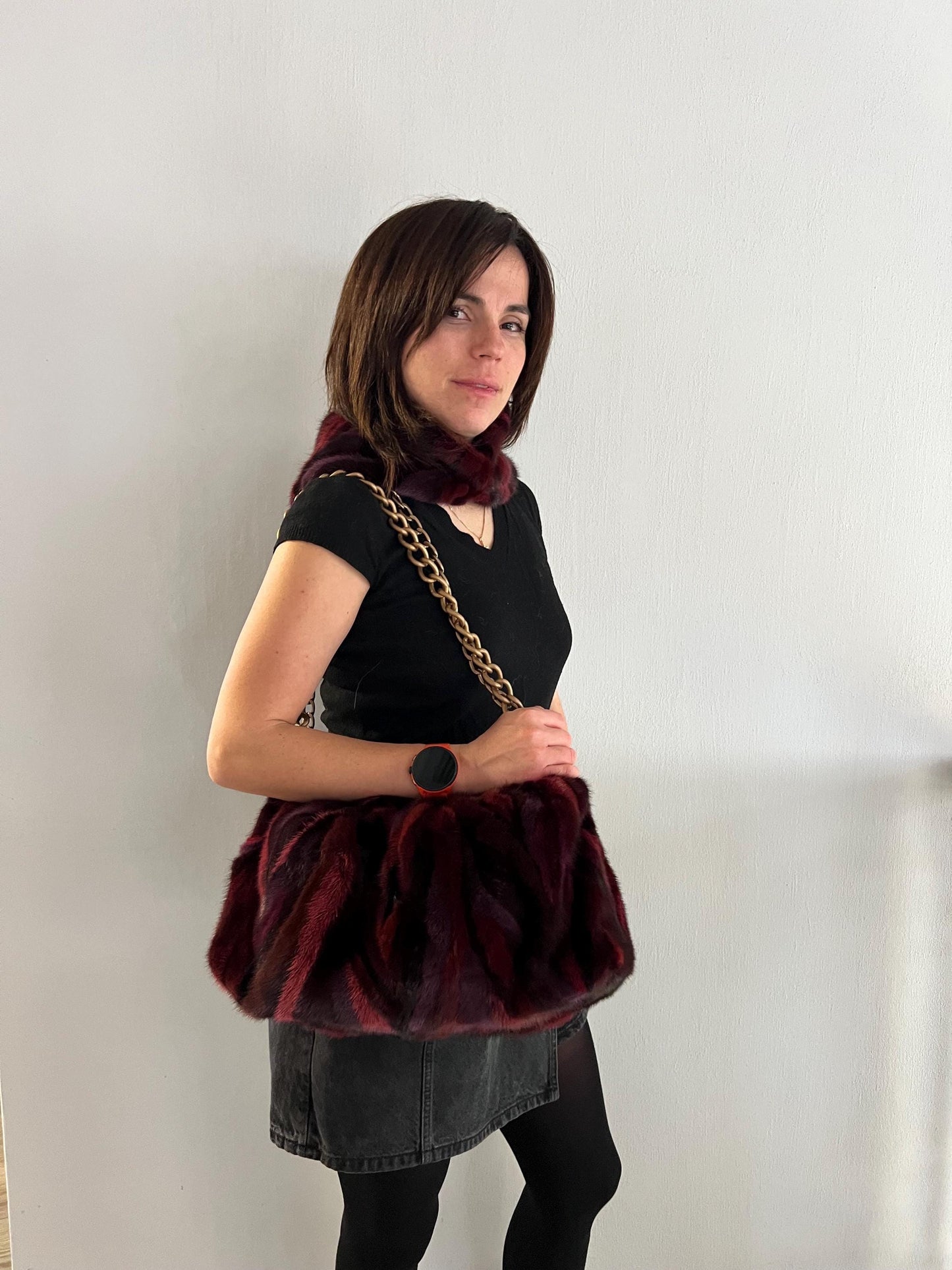 Handmade Mink Fur Slouchy Shoulder Bagin Burgundy : Luxury Cross-body Purse in army shades.