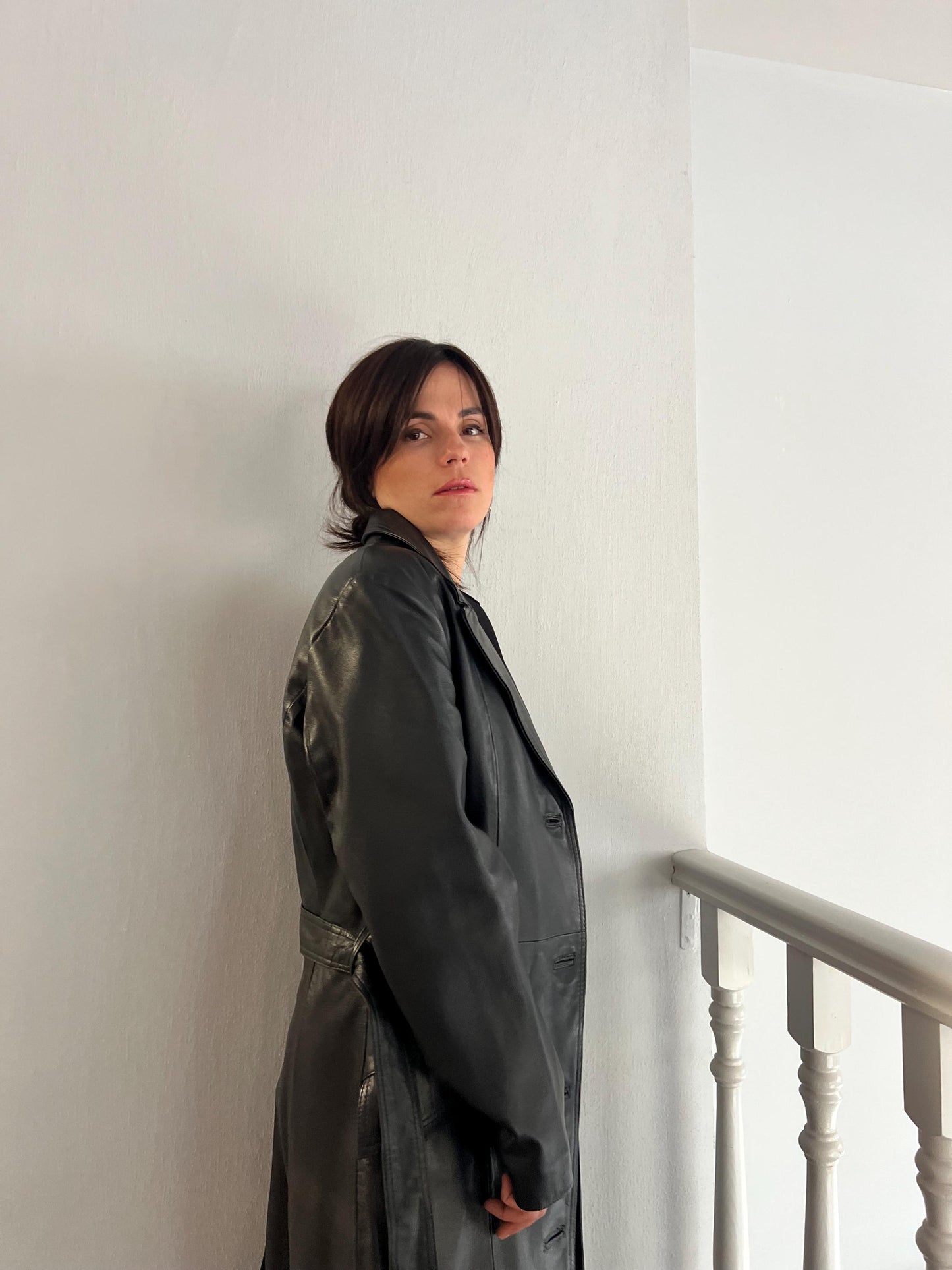 Handcrafted Nappa Leather Overcoat: Full Length Black Belted Coat, Small