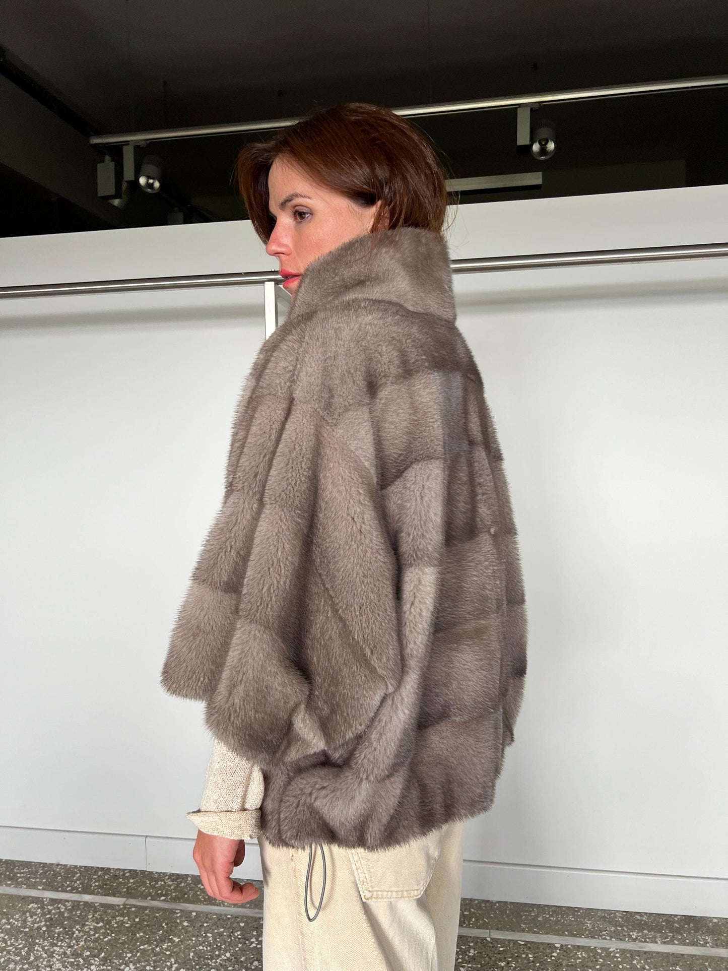 Handmade Silver Blue Mink Fur Cape: Oversized Jacket, Stand Up Collar
