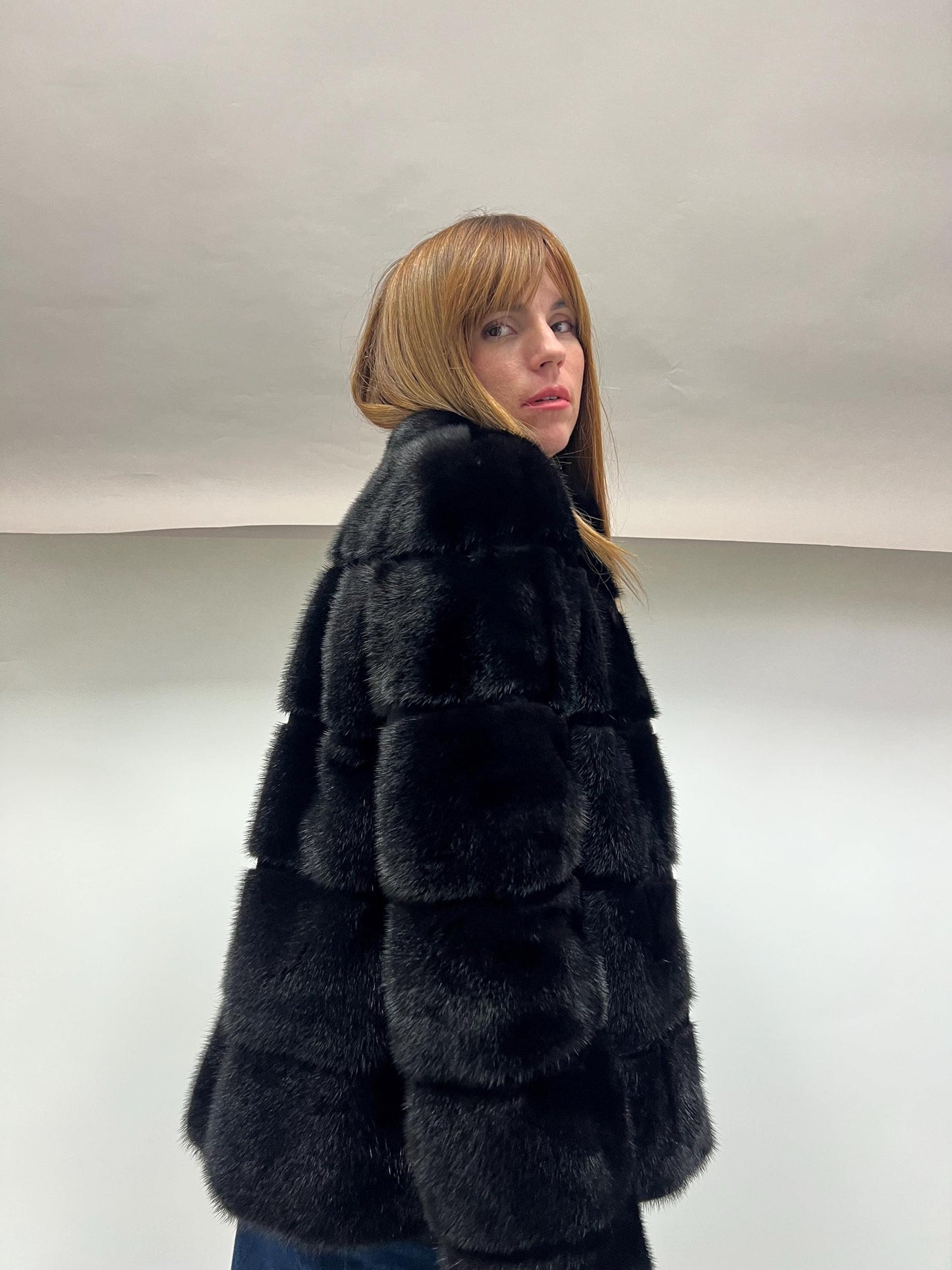 Saga Mink Fur Bolero Jacket: Black Horizontal Collar, Full Skin
