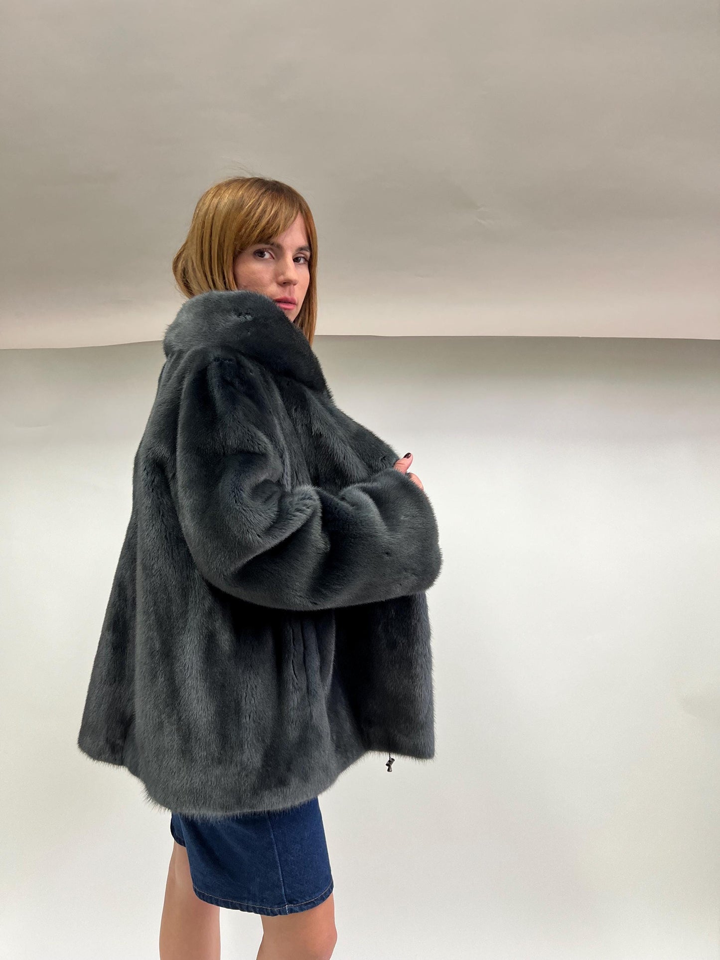 Saga Quality Petrol Mink Fur Jacket: Edgy Stand Up Collar