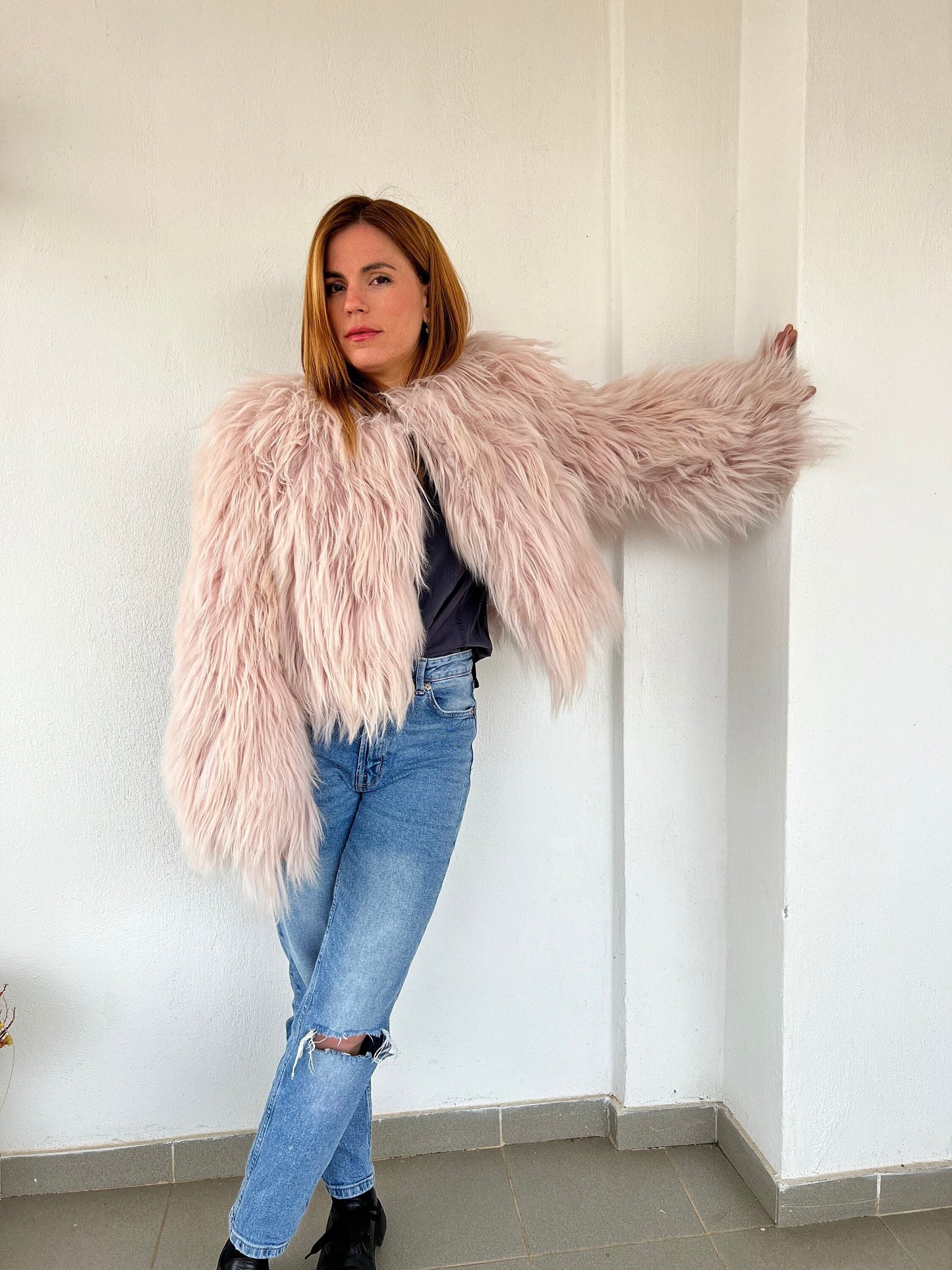Handmade Mongolian Fur Jacket: Collarless Dusty Rose Sheepskin