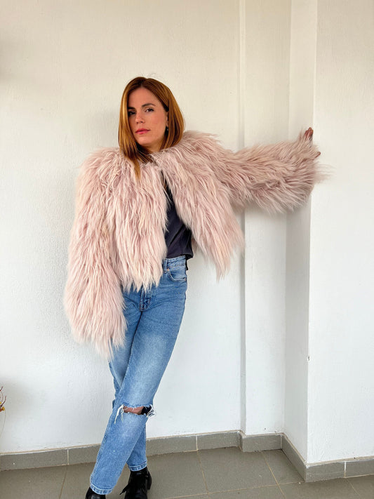 Handmade Mongolian Fur Jacket: Collarless Dusty Rose Sheepskin