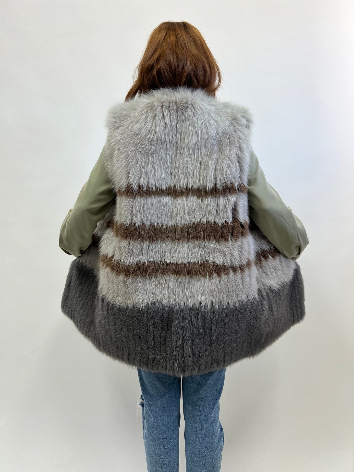 Real Fox Fur Vest: Three-Tone Leather Trim, Size Small
