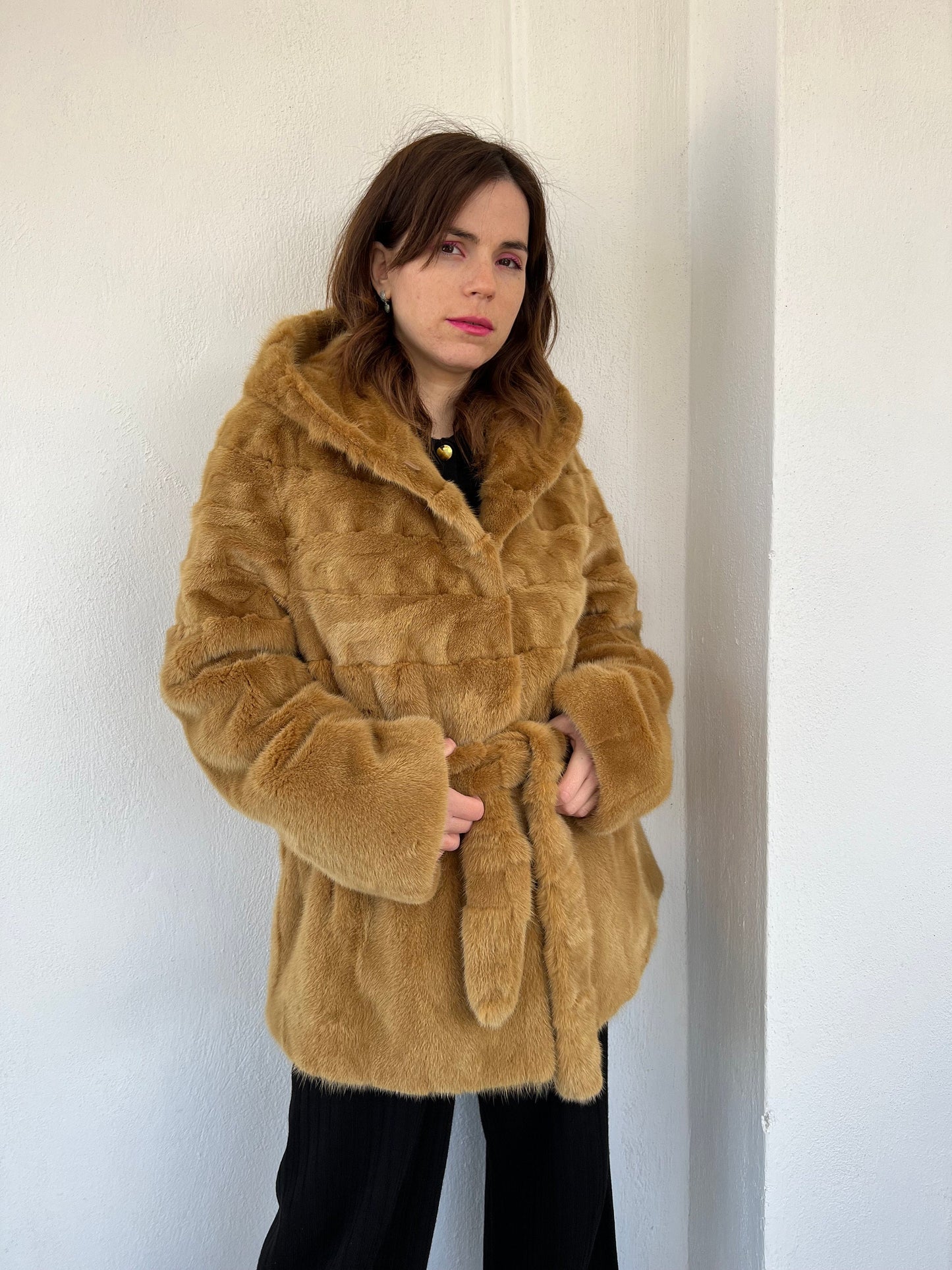 Camel Mink Fur Hooded Jacket with Belt - Luxury Gift