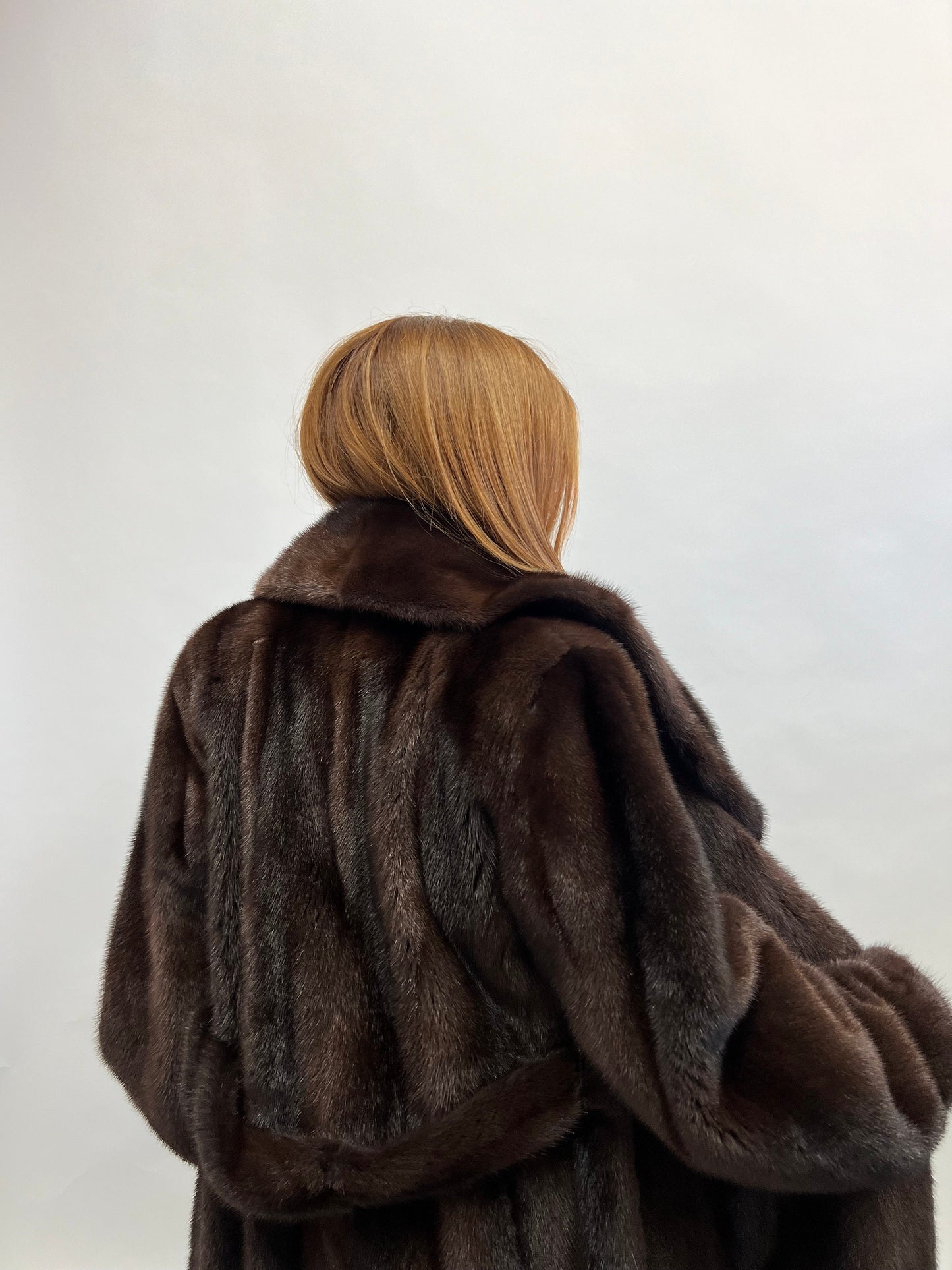 Choco Brown Mink Fur Coat: Big Collar Belted Stroller, Size Medium