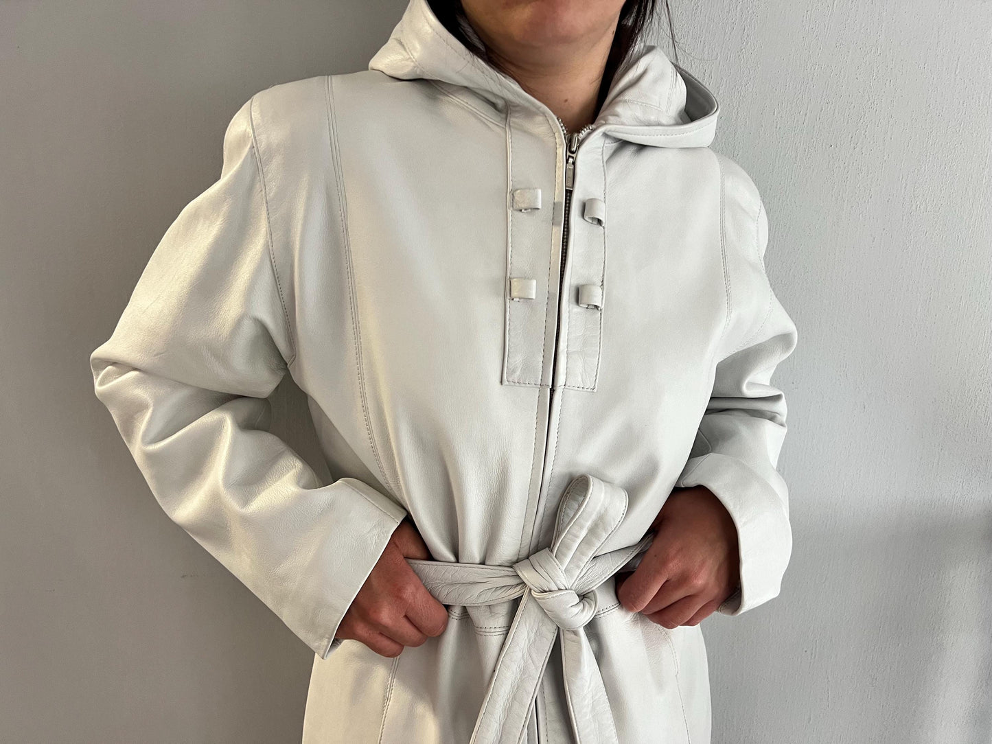 Handmade Nappa buttery Lambskin Leather Coat: Hooded Belted White Jacket