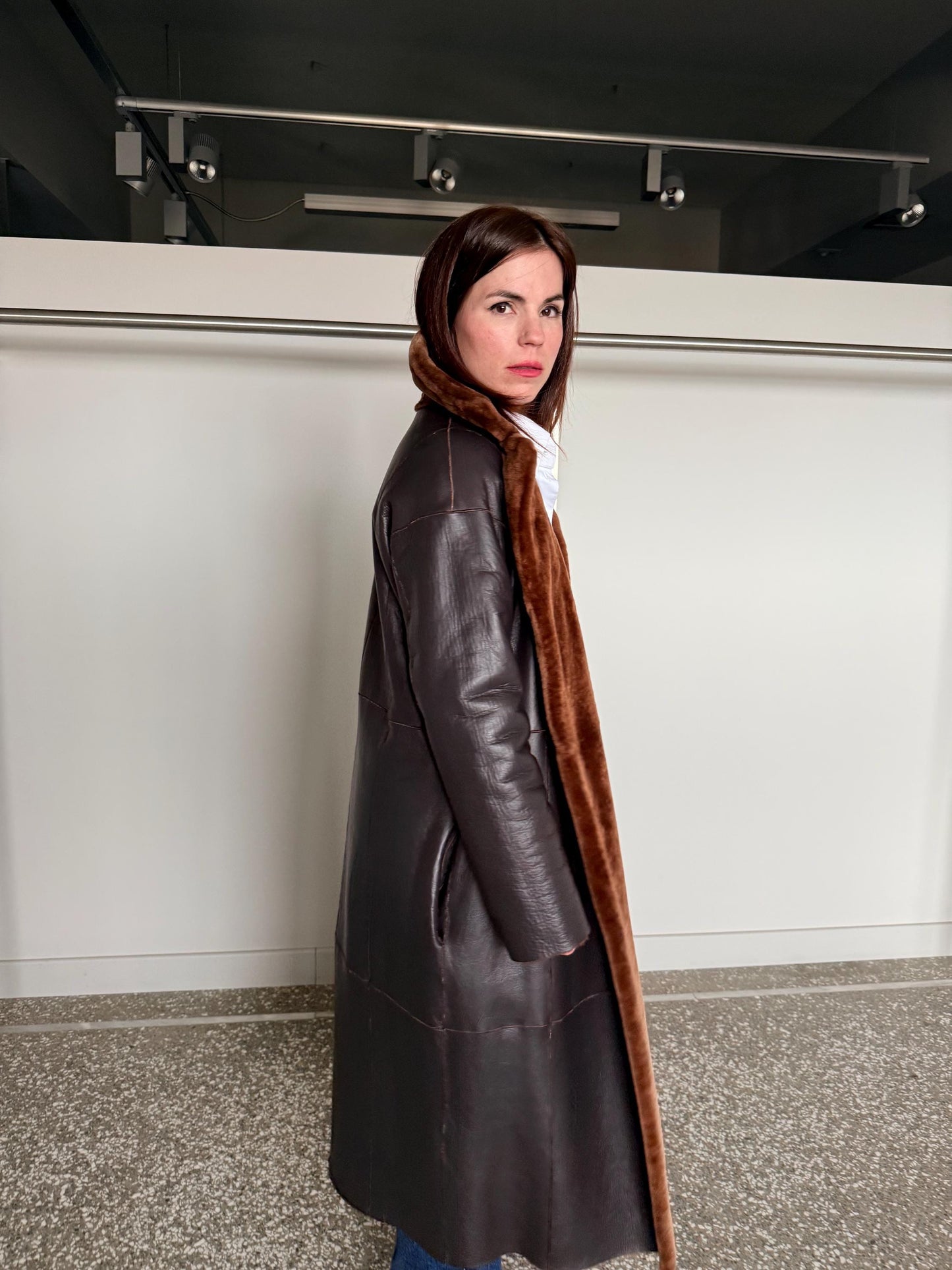Reversible Merino Shearling Leather Coat: Bronze Sheepskin Stroller Tie Belt