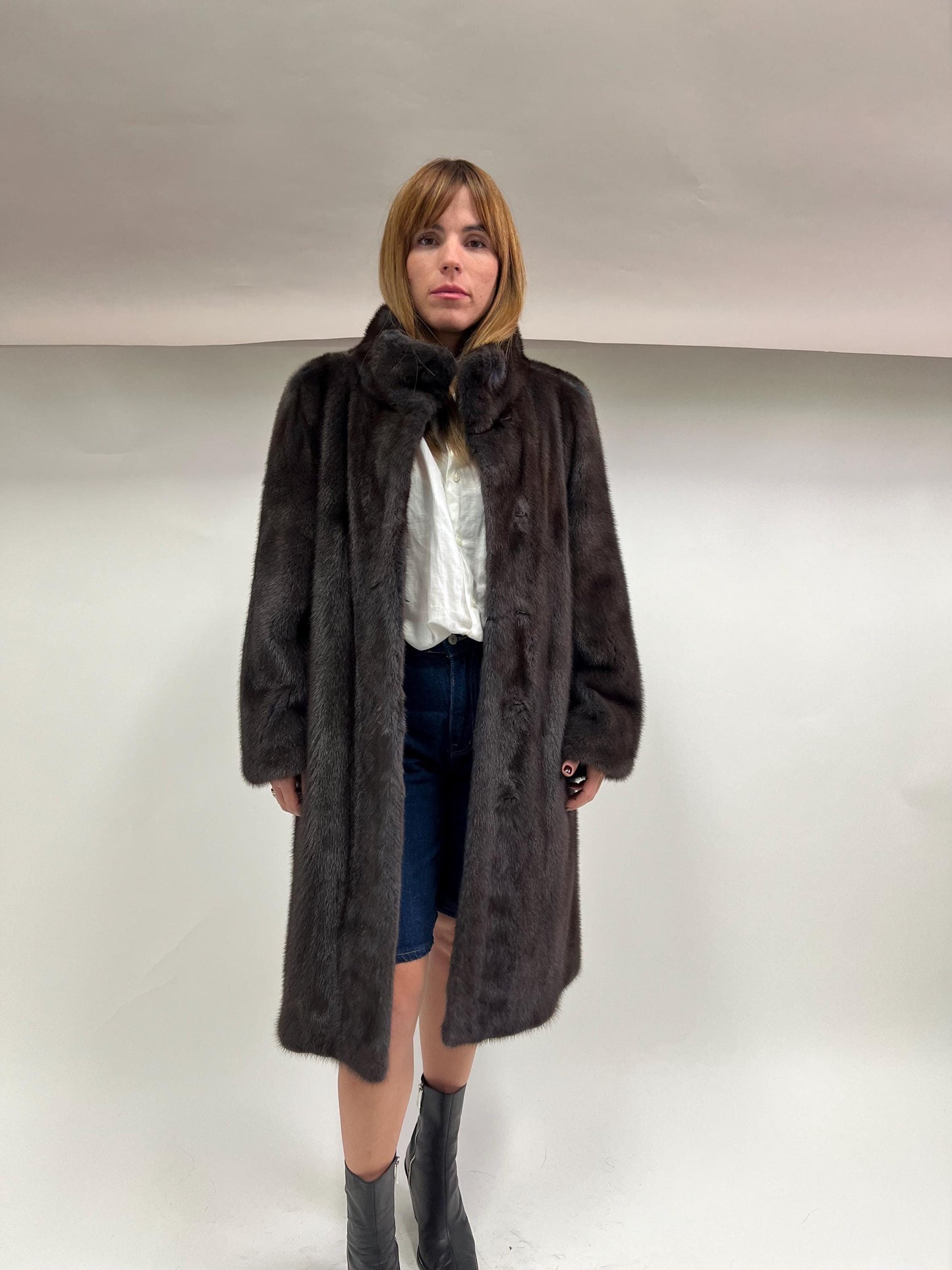 Saga Mink Fur Coat: Brown High Collar Luxury Fur