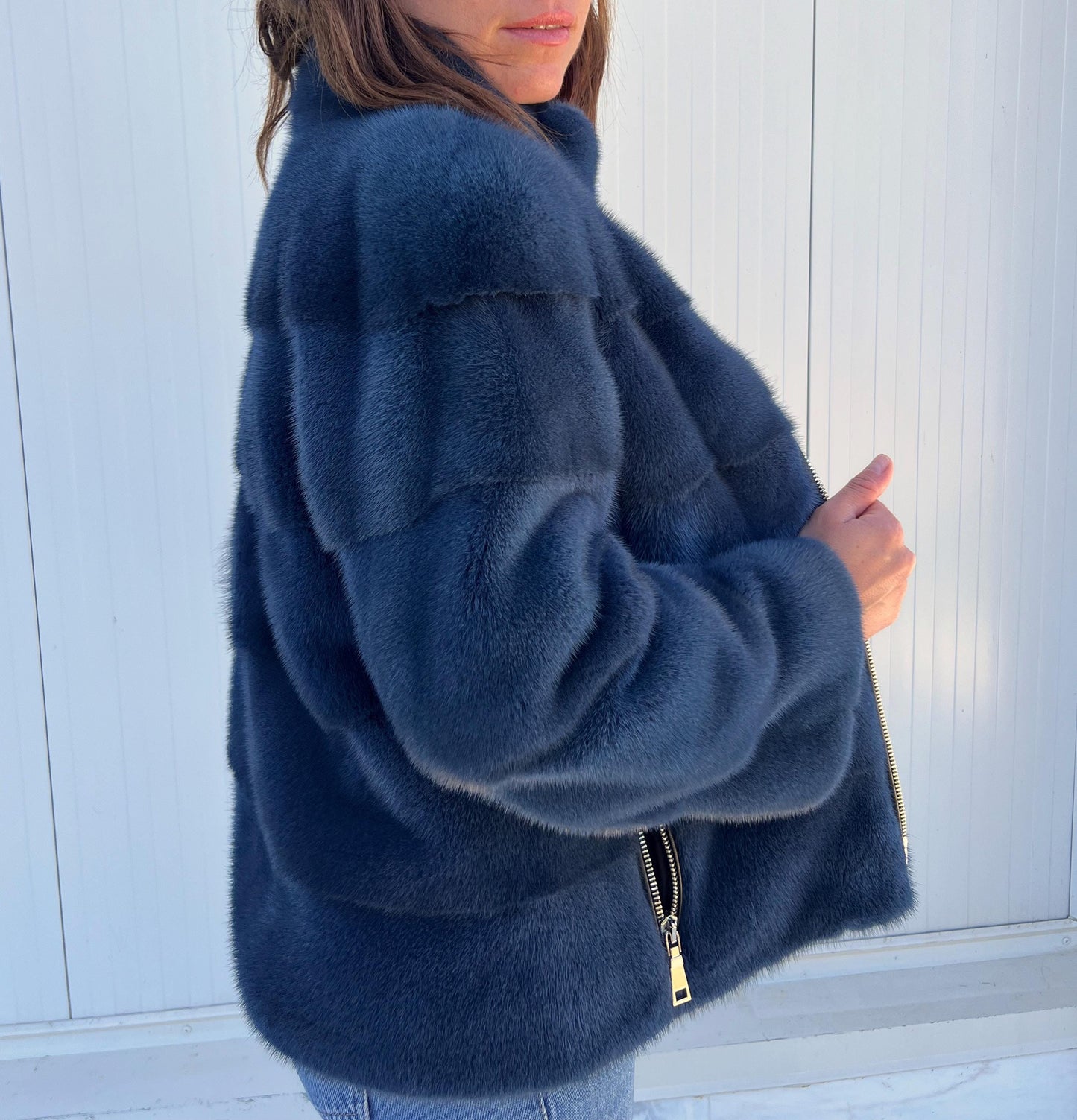 Handmade denim Blue Mink Fur Jacket: Velvet Blazer with Stand Up Collar