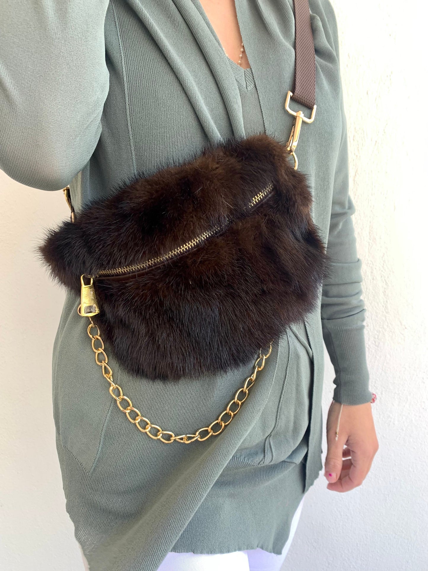 Real Mink Fur Bumbag: Brown Fanny Pack with Chain