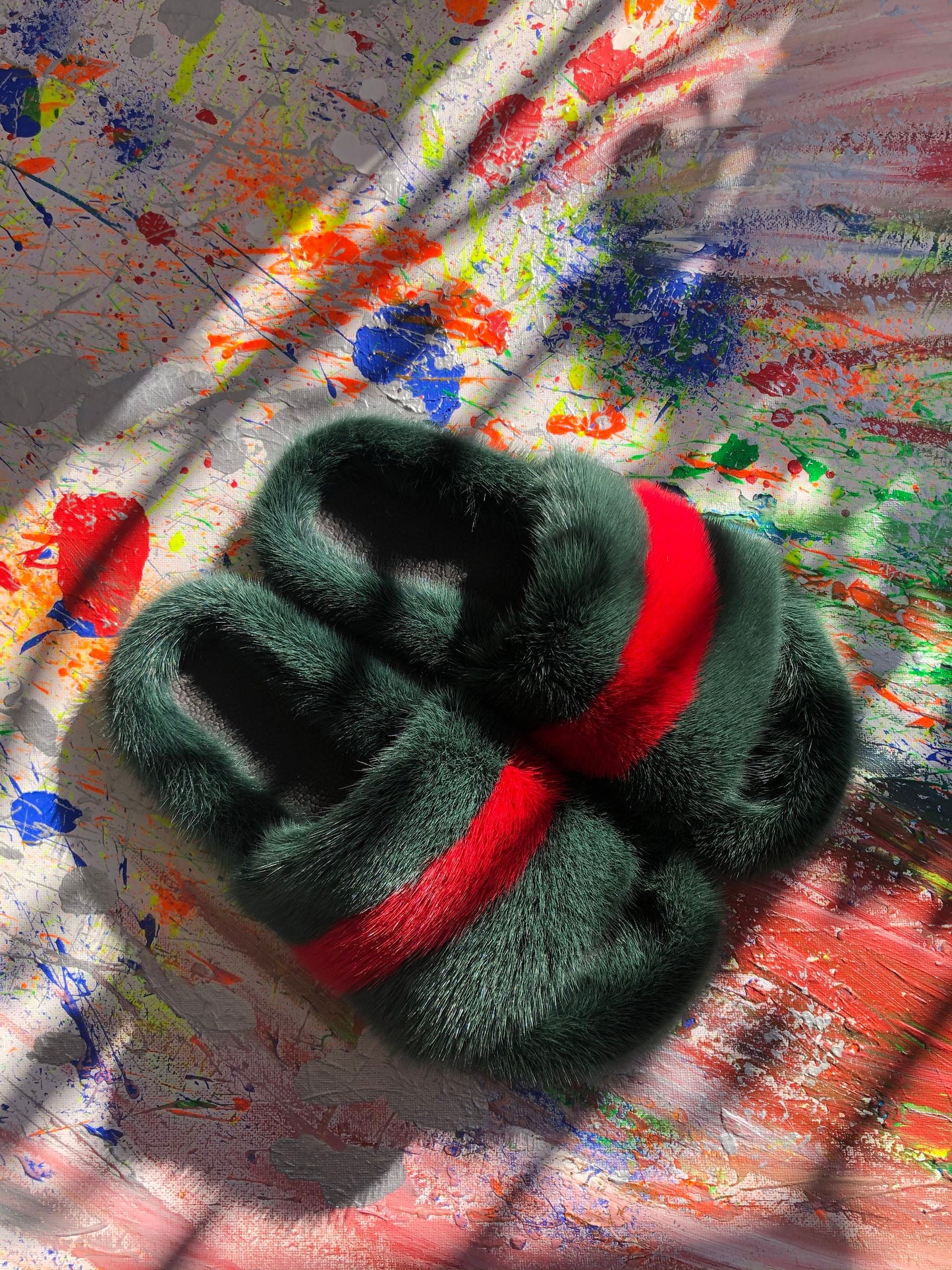 Green & Red Mink Fur Slides: Luxury Comfy Slippers