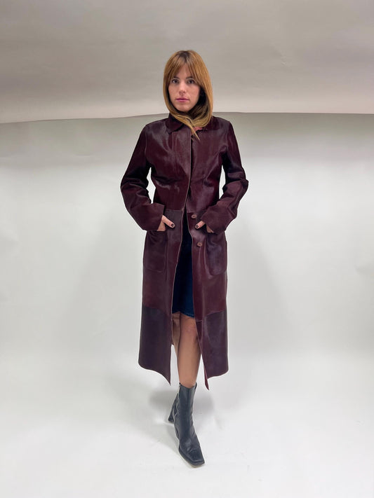 Burgundy Hair-On Leather Coat: Handmade Cavallino Calf Jacket