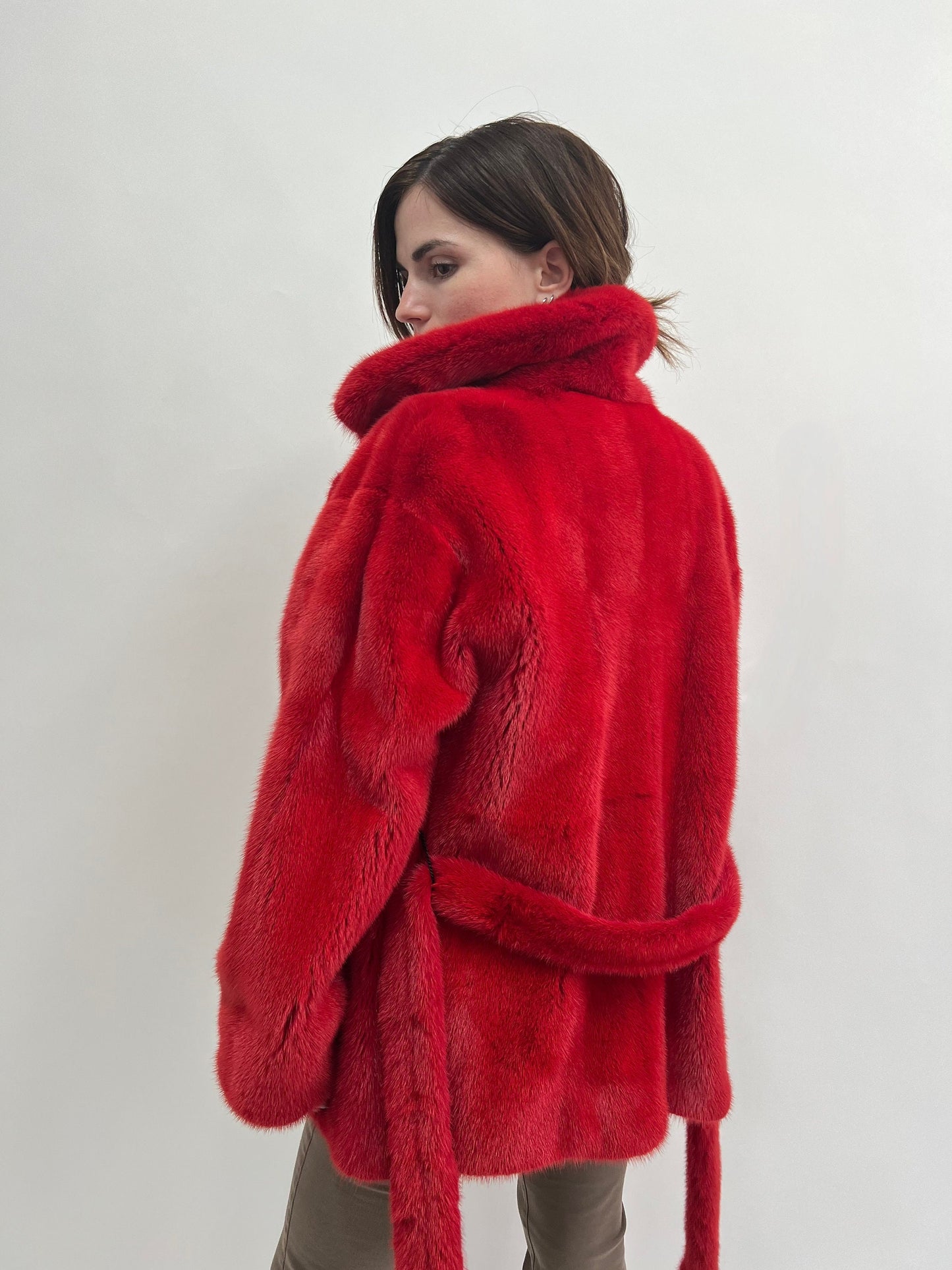 Fire Red Mink Fur Coat: Saga Quality Belted Jacket