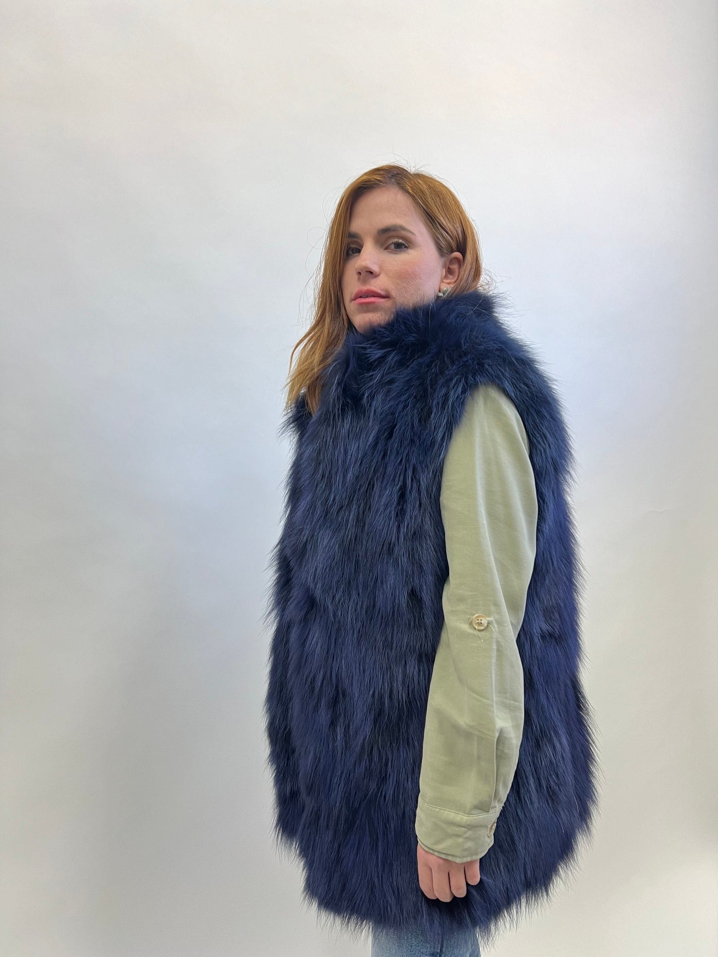 Denim Blue Fox Fur Vest: Women's Winter Genuine Fur Jacket