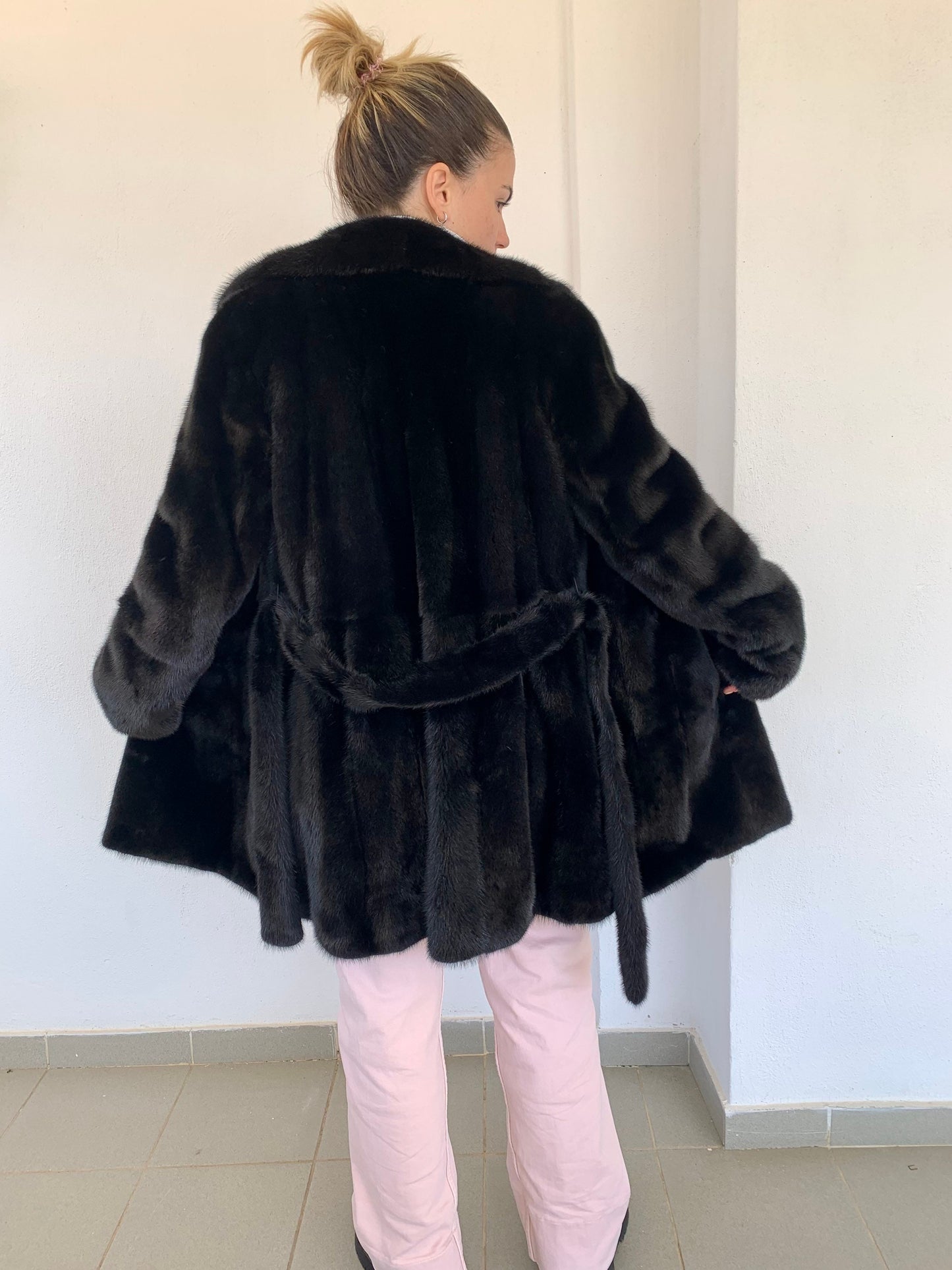Real Mink Fur Jacket: Black Supple Skin Coat with Belt