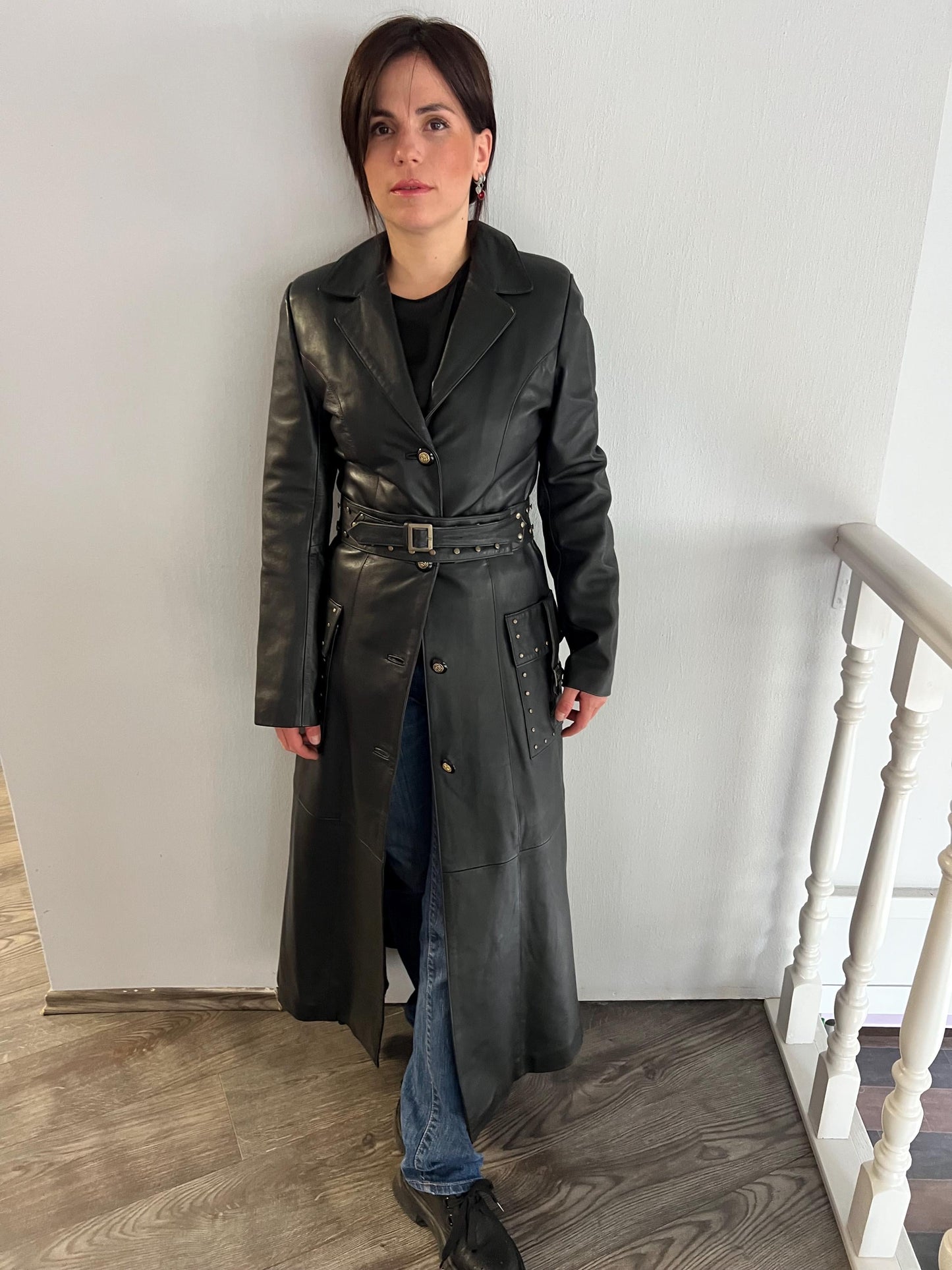 Handmade Nappa Leather Coat: Full Length Black Belted Overcoat