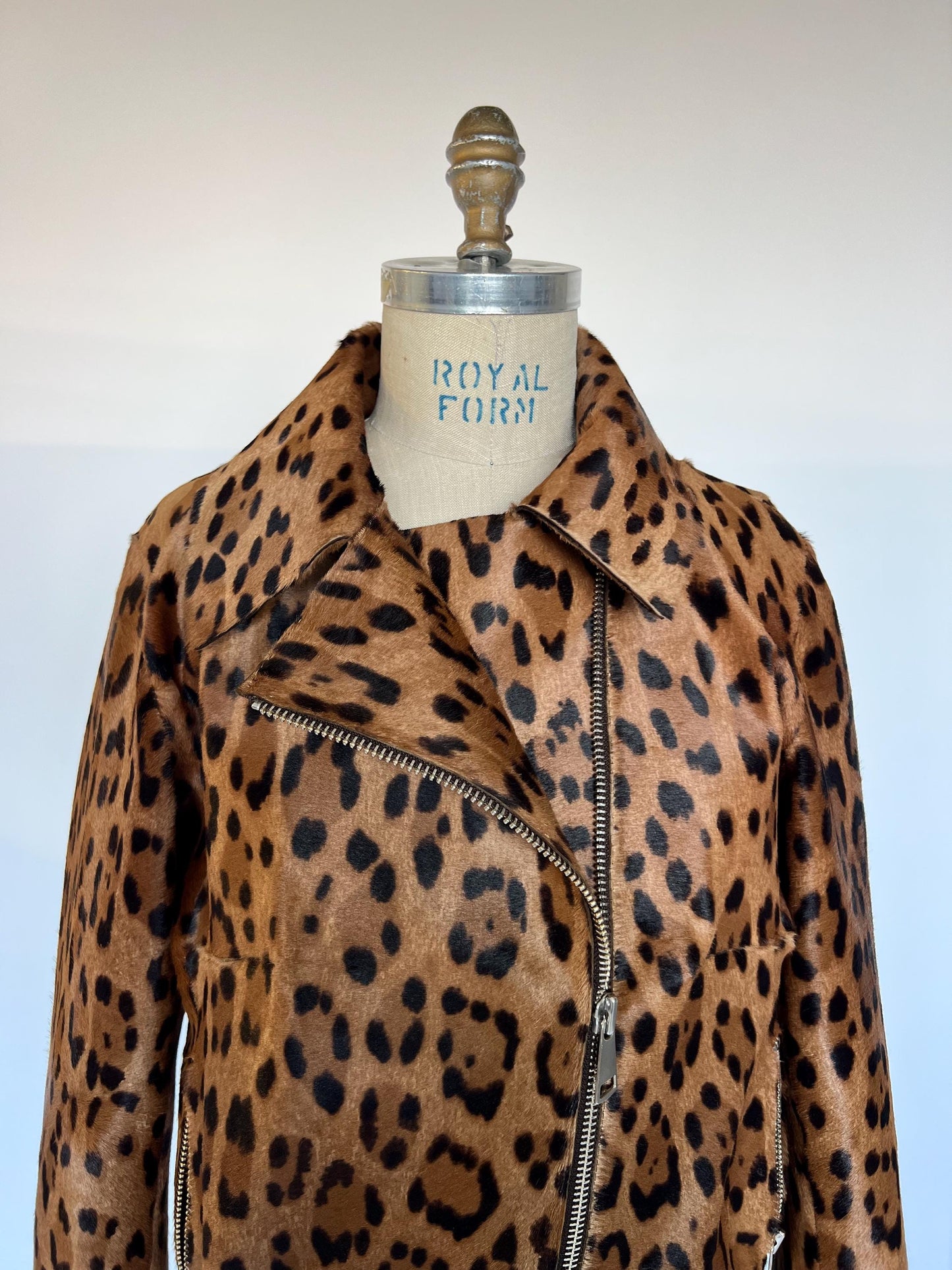 Handmade Cheetah Print Calf Fur Biker Jacket: Genuine Leather