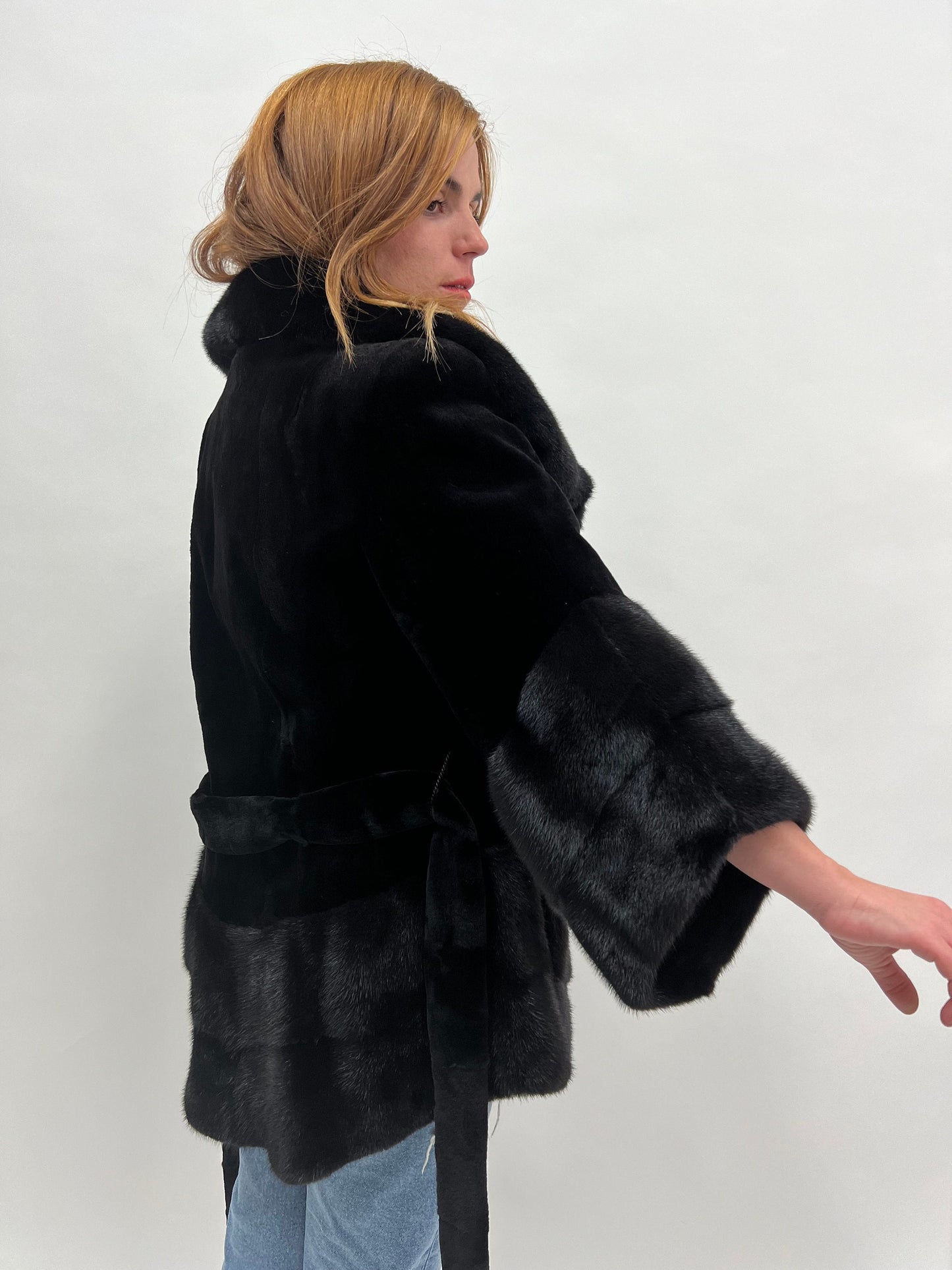 Black Sheared Mink Fur Coat with Belt & Big Collar