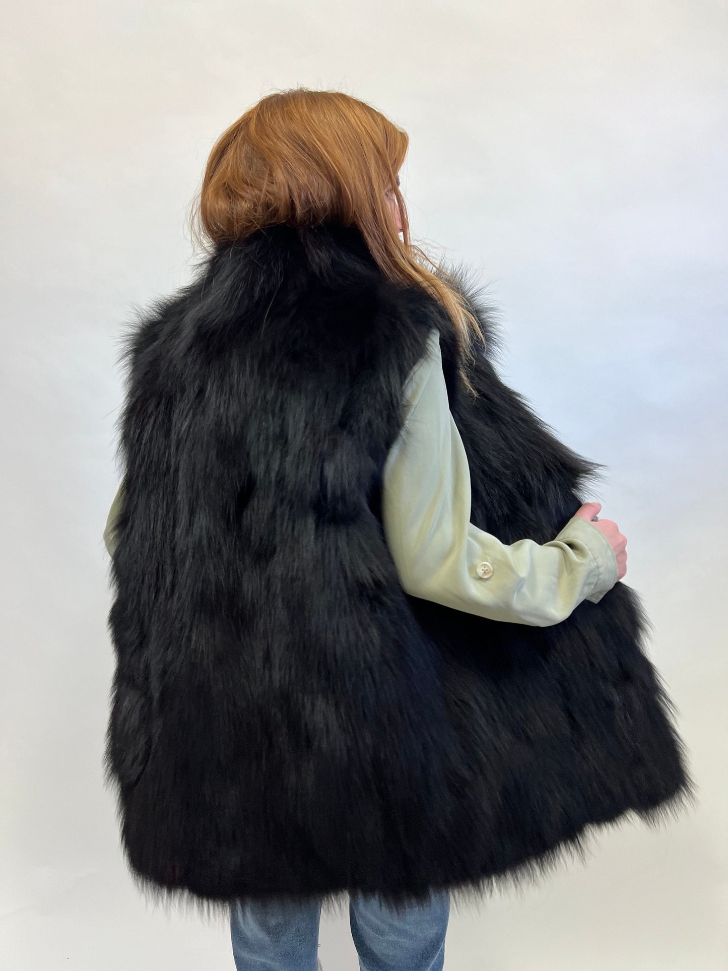 Real Black Fox Fur Vest, Genuine Pelt Winter Jacket, Medium