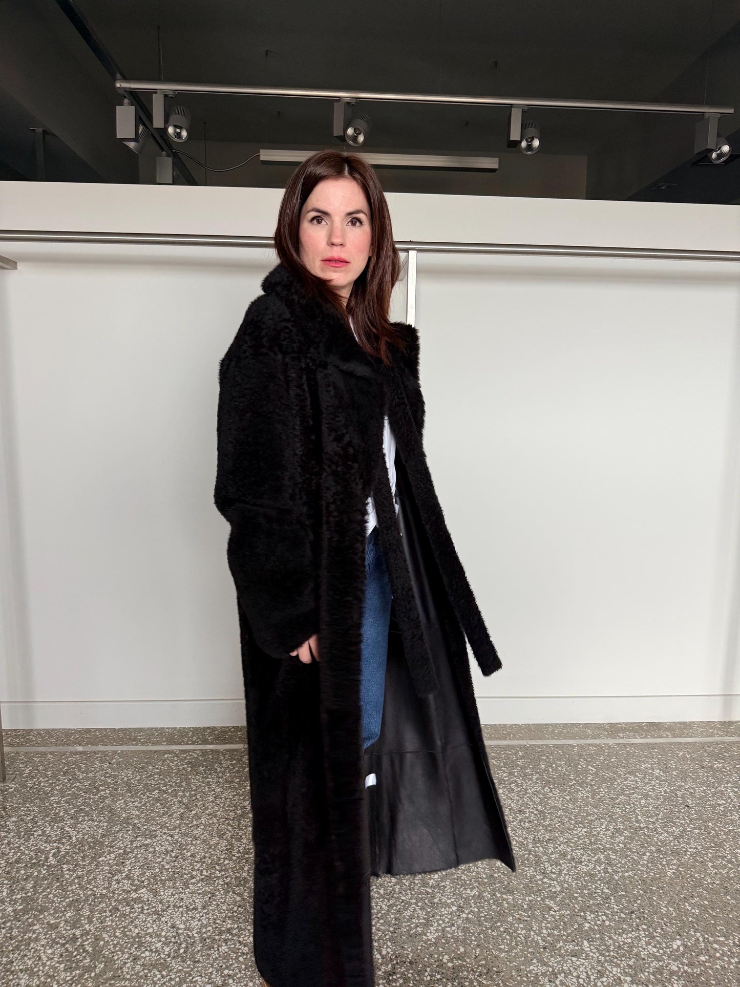 Handmade Black Shearling Fur Jacket:Long super warm Sheepskin Coat
