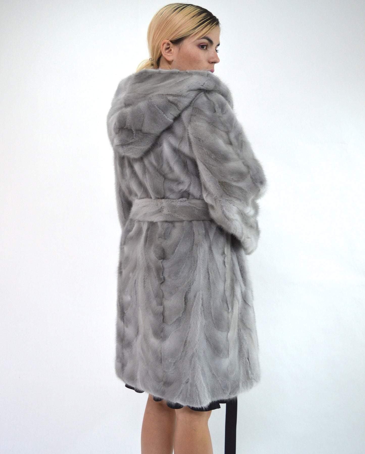 Sapphire Mink Fur Stroller Coat: Hooded Gray Mink Belted Jacket