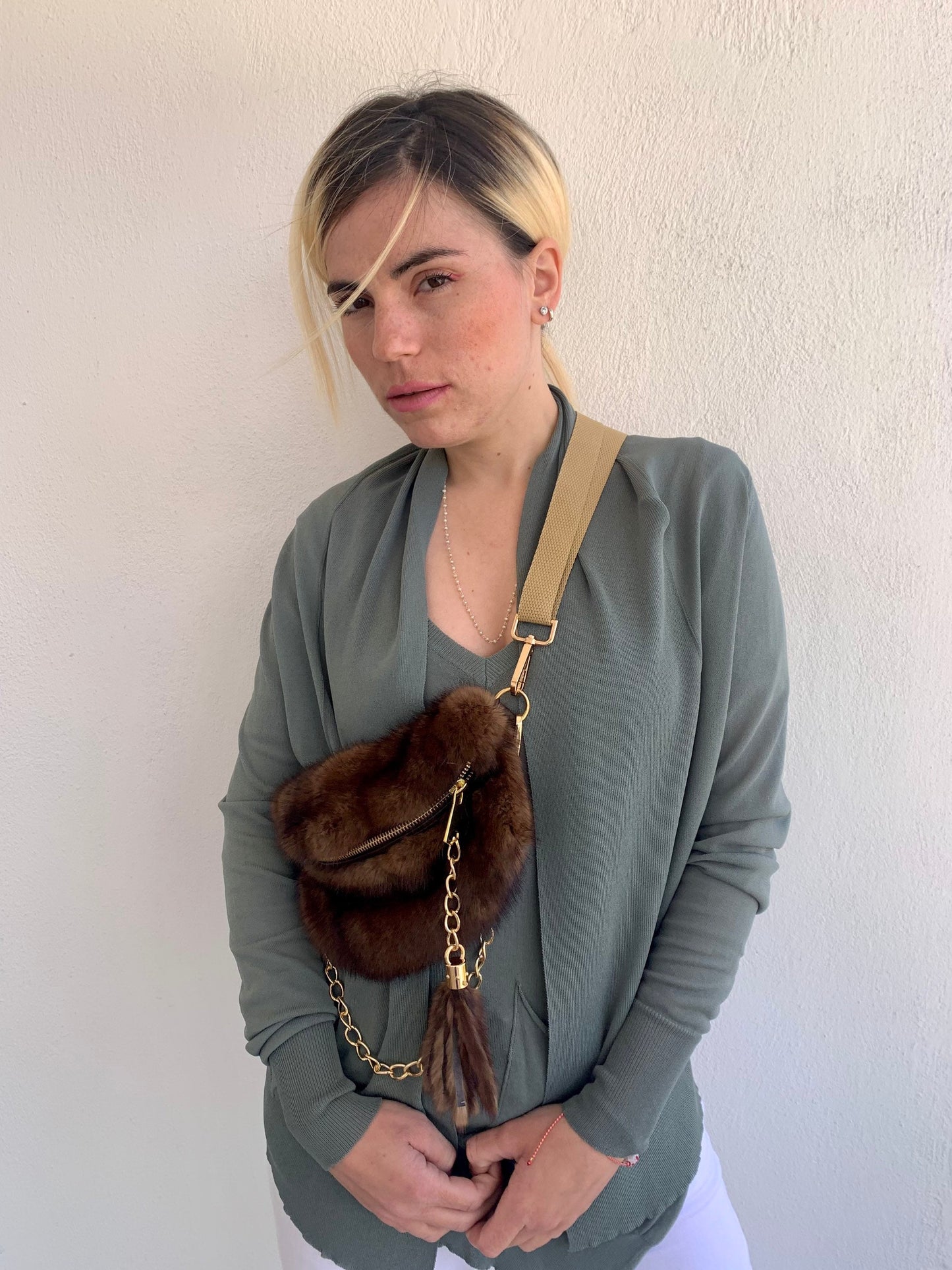 Real Mink Fur Bumbag: Tan Brown Fanny Pack with Chain