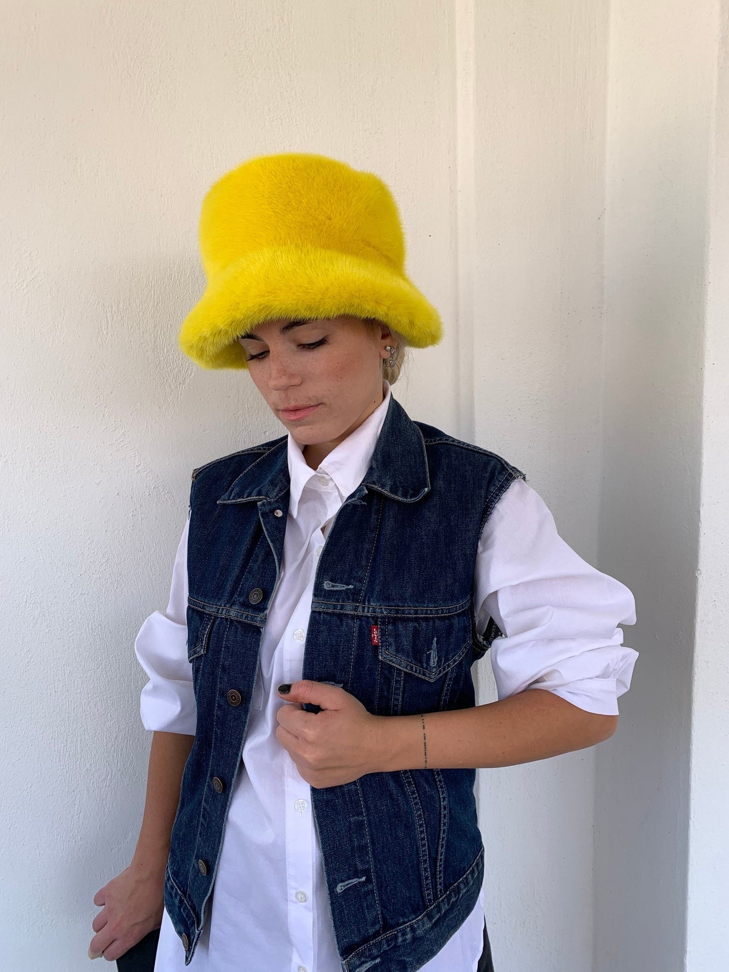 Handmade Yellow Mink Fur Bucket Hat: Luxury Winter Warmer
