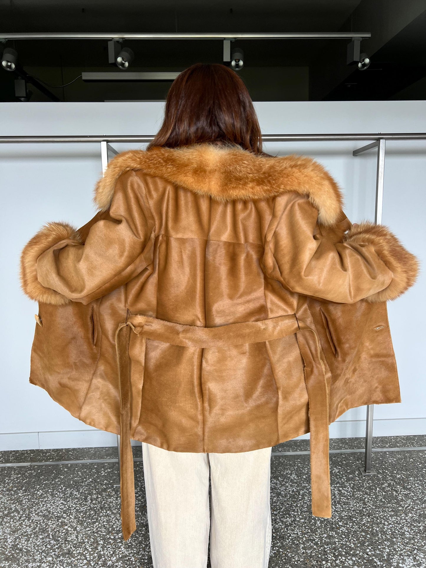 Handmade Gold Cavallino Leather Coat with Fox Fur Collar and Cuffs