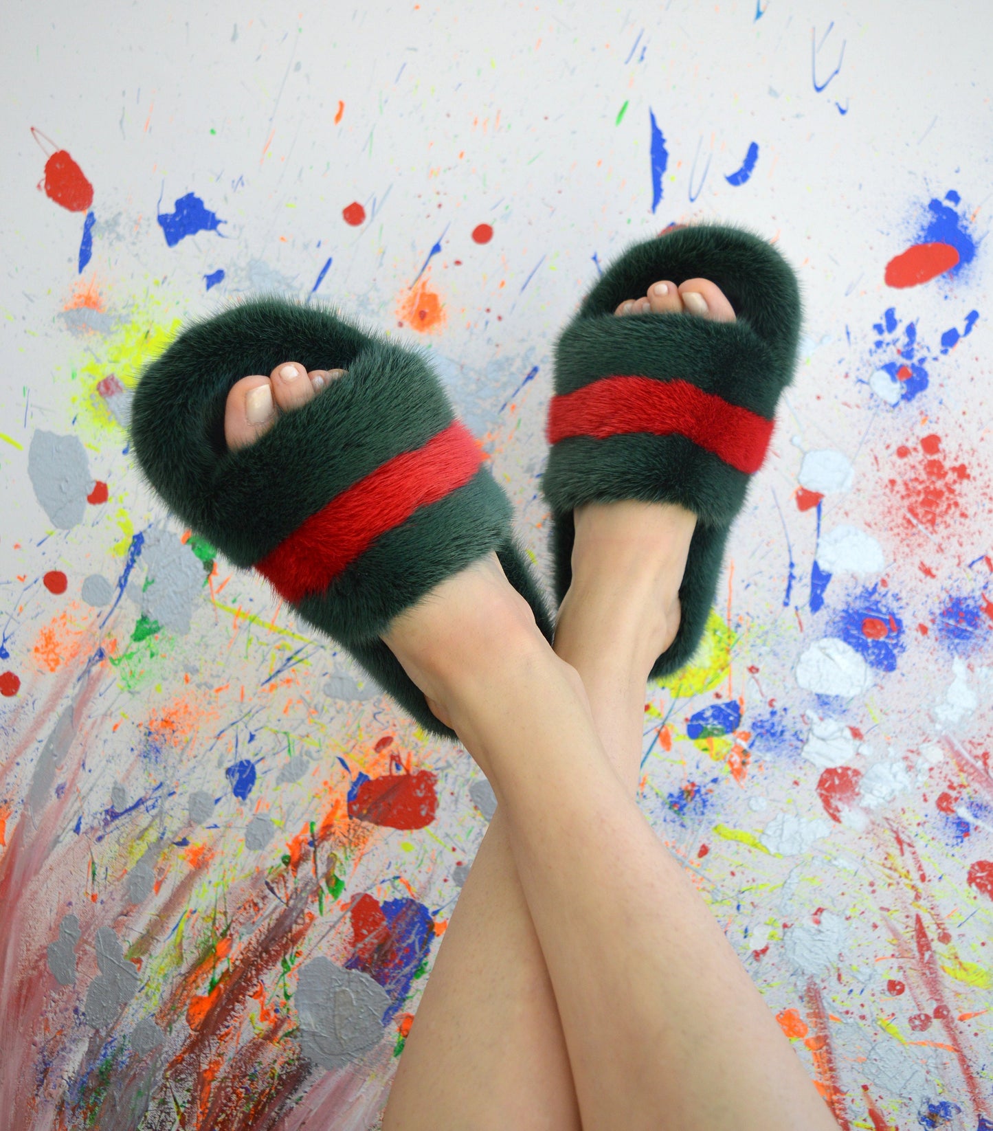 Green & Red Mink Fur Slides: Luxury Comfy Slippers