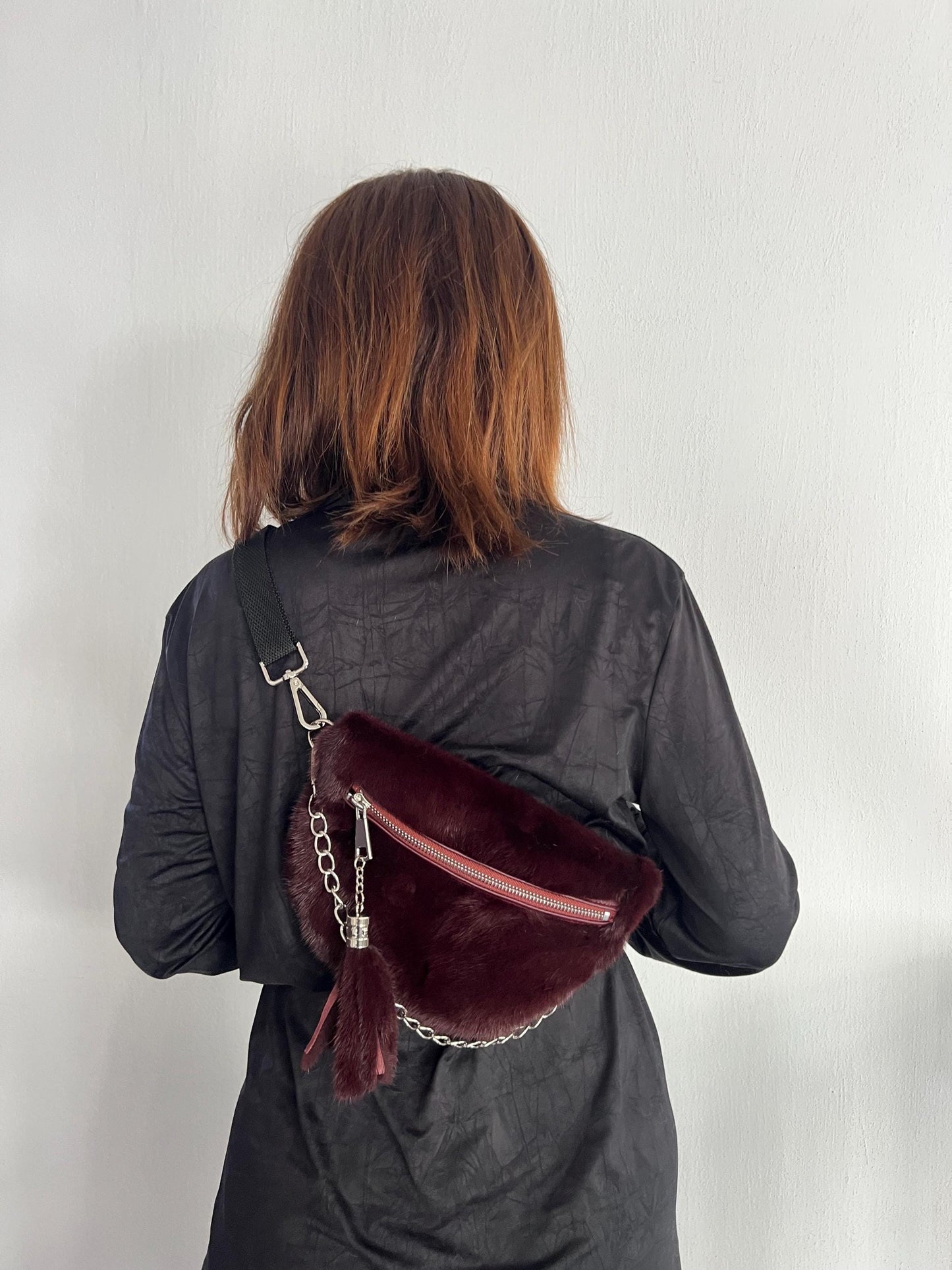 Burgundy Mink Fur Bumbag with Chain, Luxury Fanny Bag