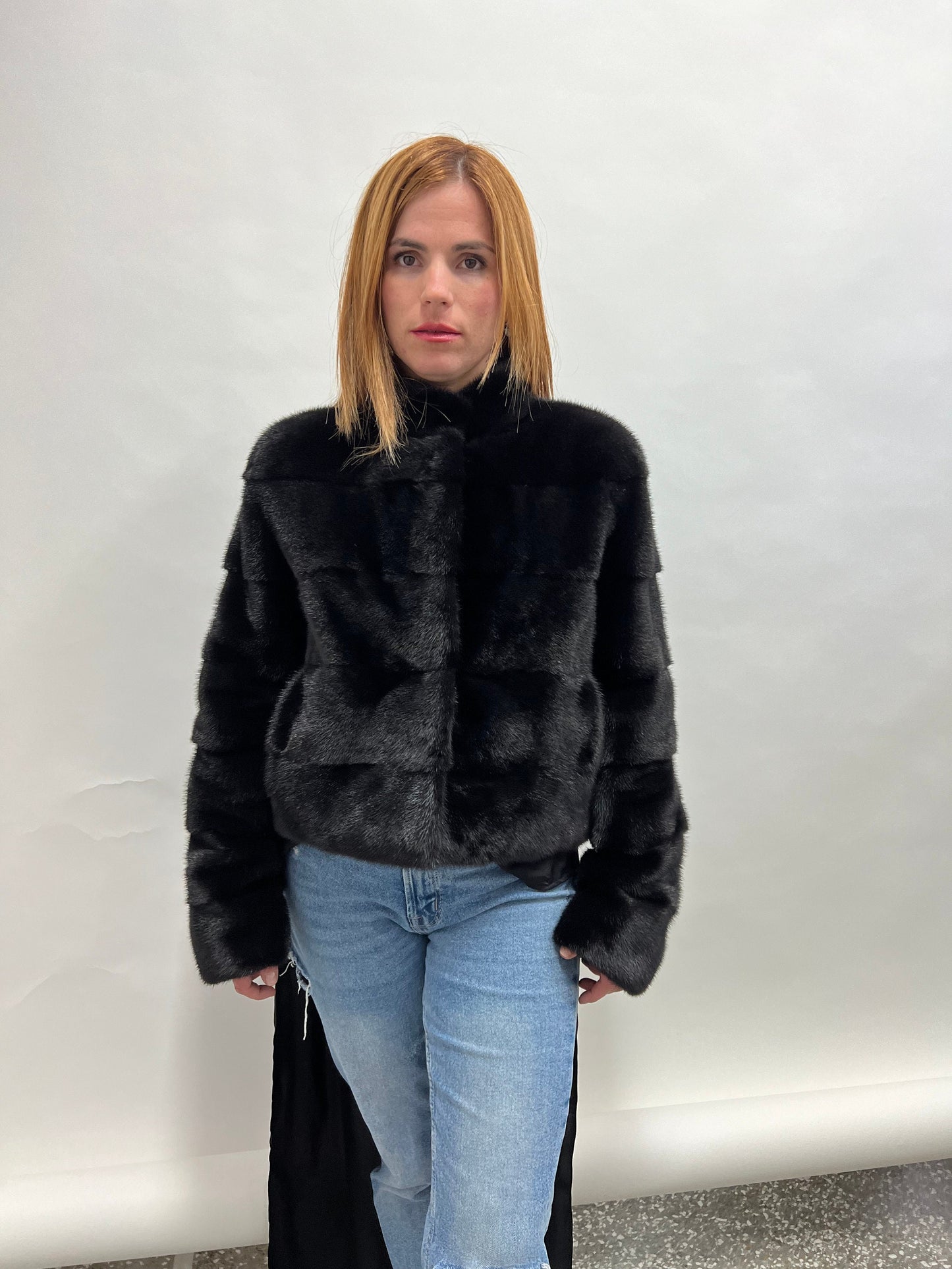 Saga Mink Fur Bolero Jacket: Black Horizontal Collar, Full Skin