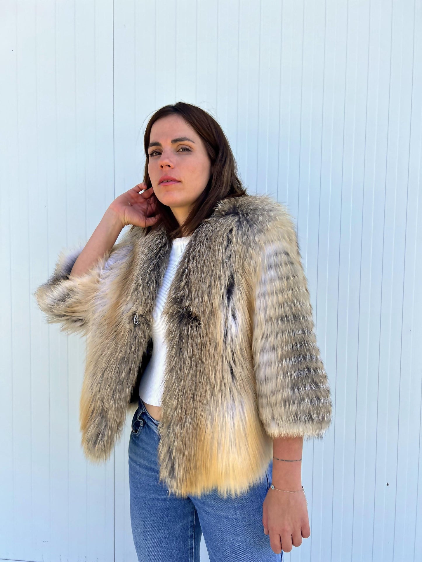 Handmade Camel Fox Fur Jacket: Lightweight Fluffy Coat