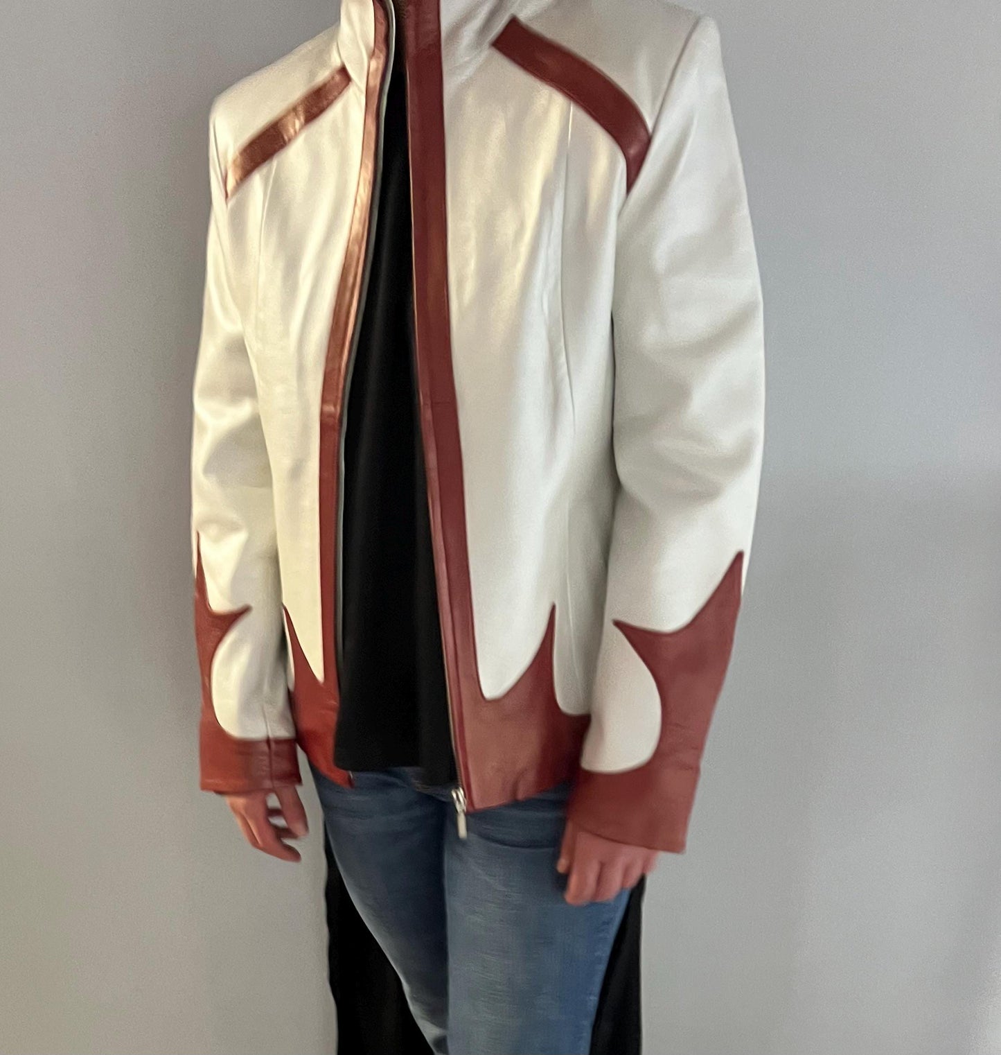Handmade Lambskin Leather Jacket: Cream White Nappa with Bordeaux Details (XS)