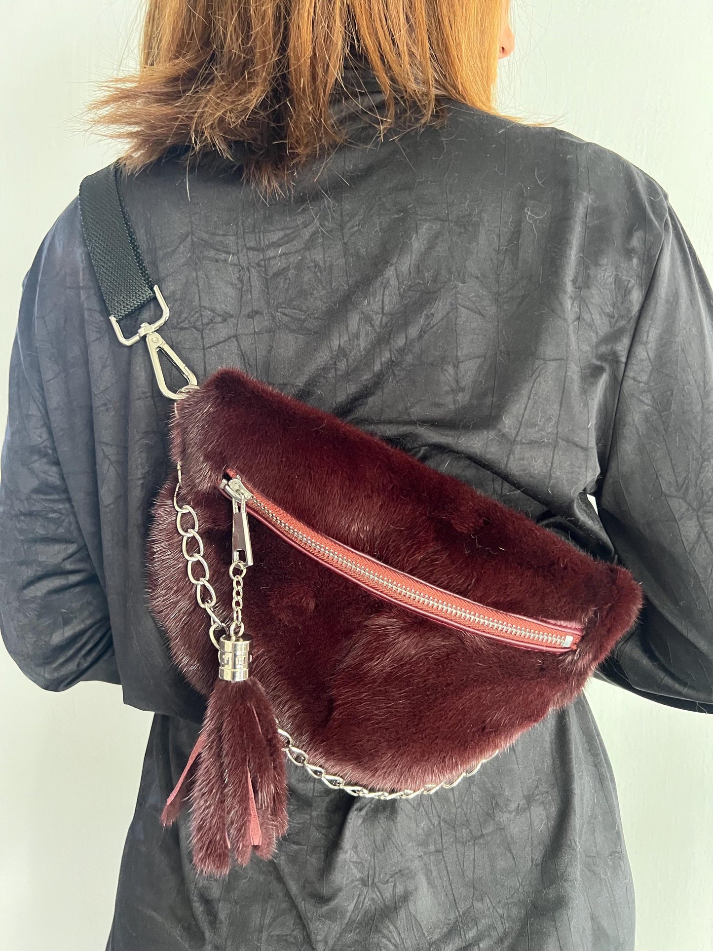 Burgundy Mink Fur Bumbag with Chain, Luxury Fanny Bag