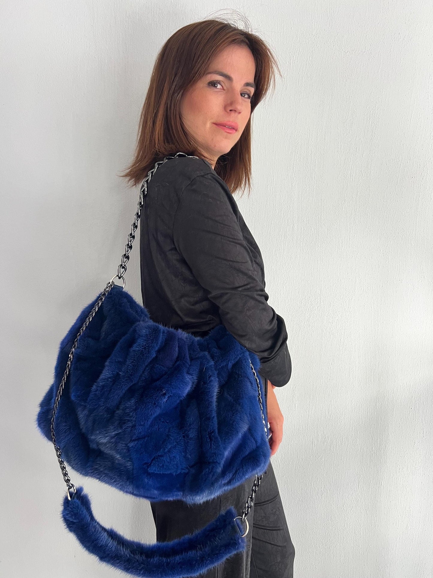 Navy Mink Fur Slouch Bag: Handmade grey Strap Crossbody