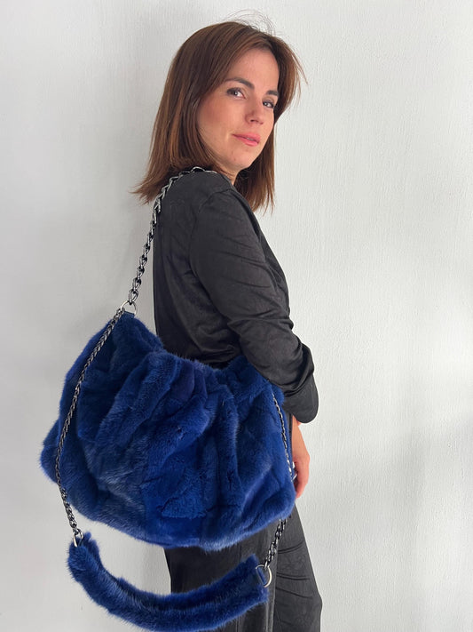 Navy Mink Fur Slouch Bag: Handmade grey Strap Crossbody