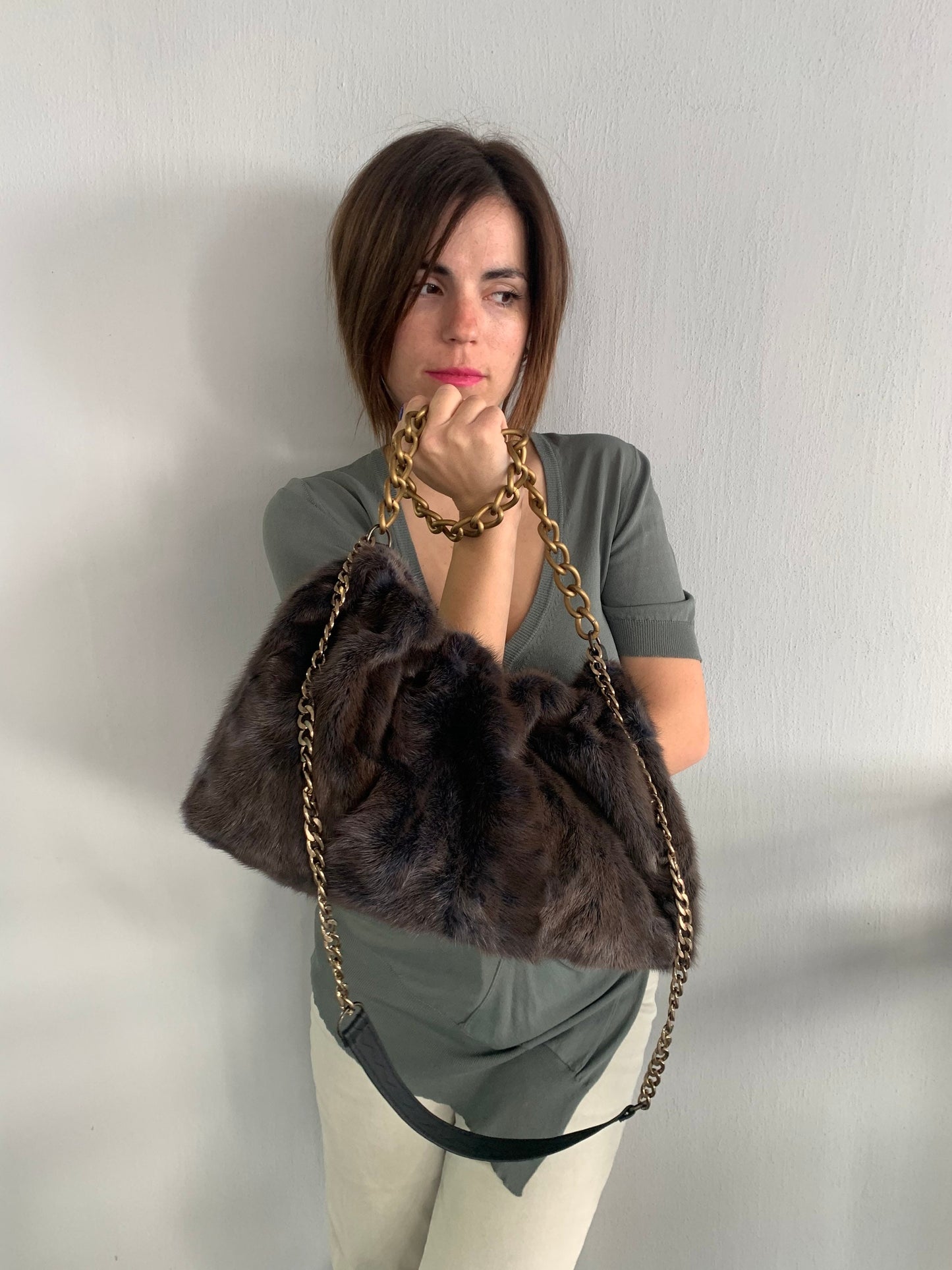 Handmade Mink Fur Shoulder Bag: Brownish Grey Slouchy Pouch with Bronze Straps