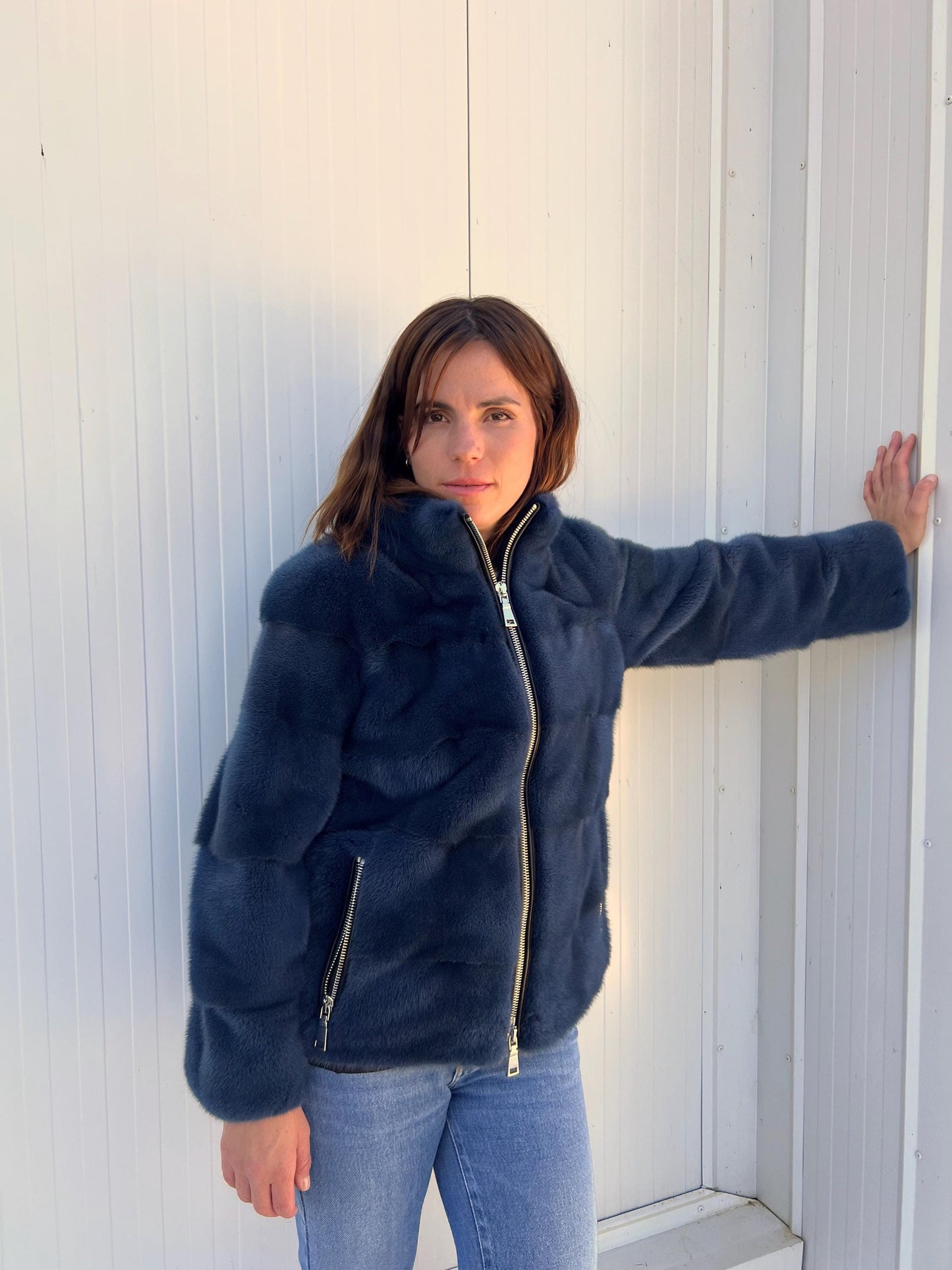 Handmade denim Blue Mink Fur Jacket: Velvet Blazer with Stand Up Collar