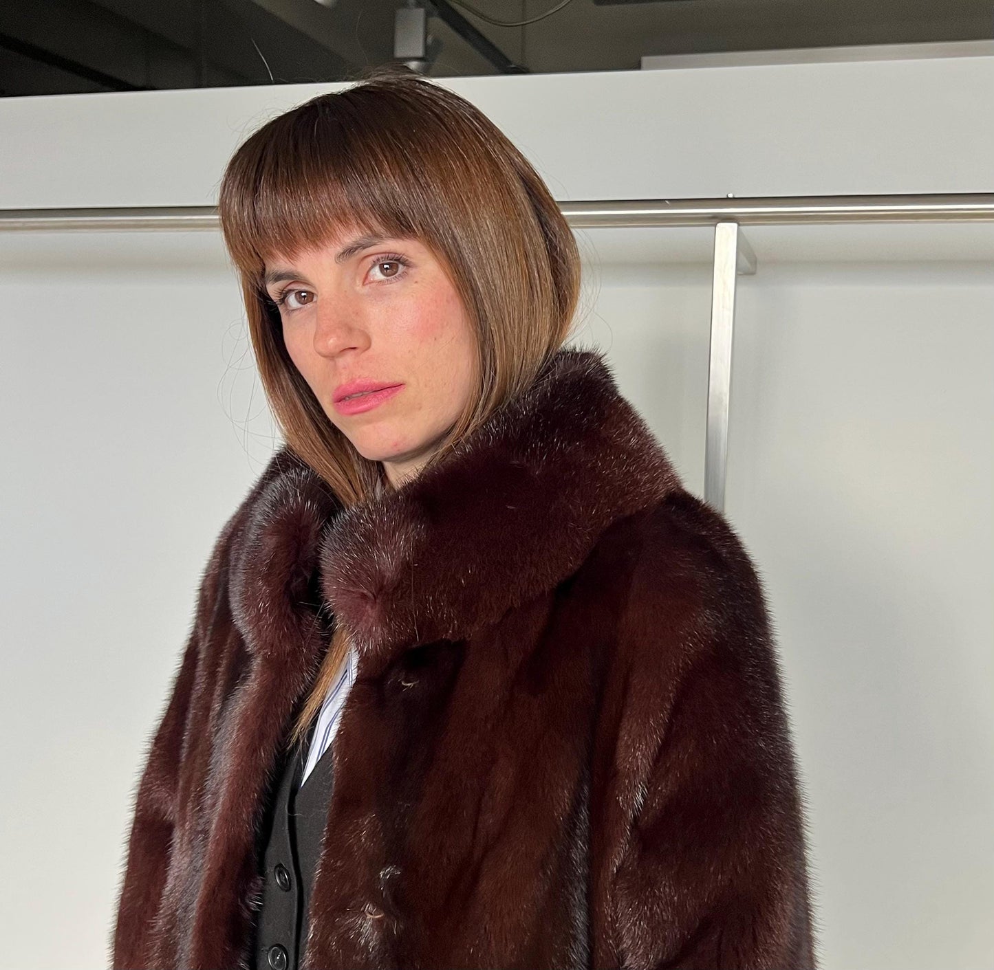 Burgundy Mink Fur Coat: Saga Quality, Stand Up Collar (Medium)