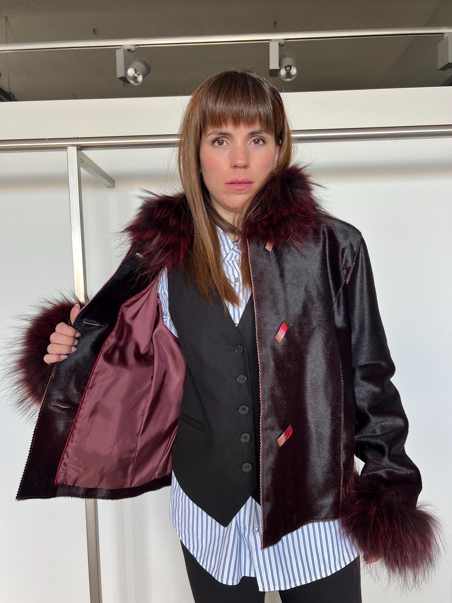 Hair-On Calf Hide Jacket: Burgundy Leather with Raccoon Fur - X-Large